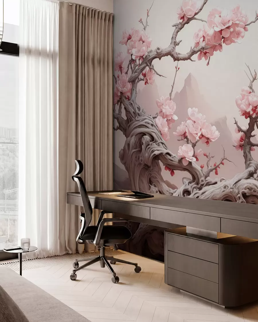 Fototapetai Susuktas medžio kamienas su žydinčia rausva sakura w09388