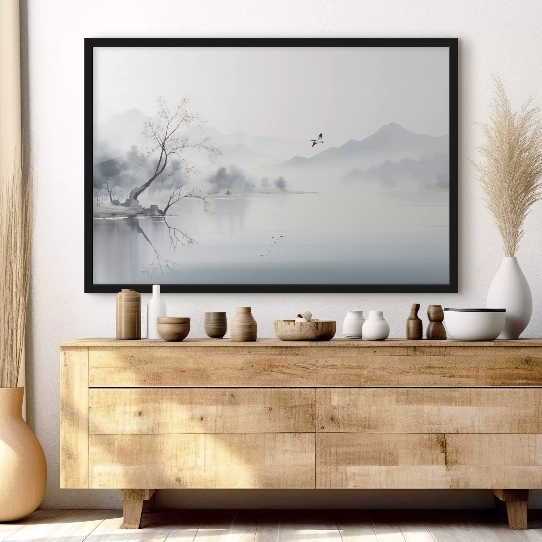 Fototapetai Miglotas kraštovaizdis su medžiu, kalnais ir paukščiais f45518