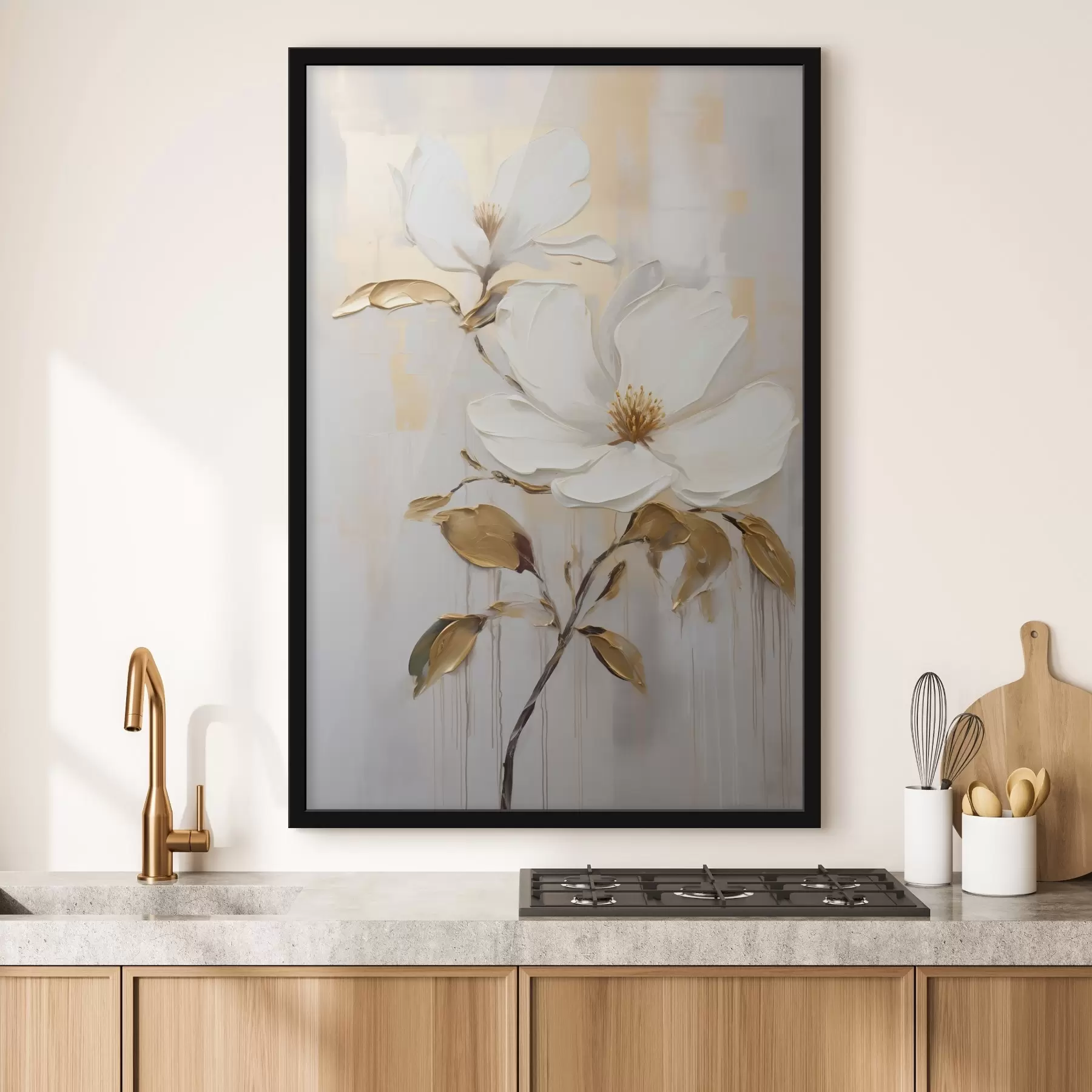 Fototapetai Dvi baltos gėlės su geltonai oranžiniais lapais šviesiame fone f45691