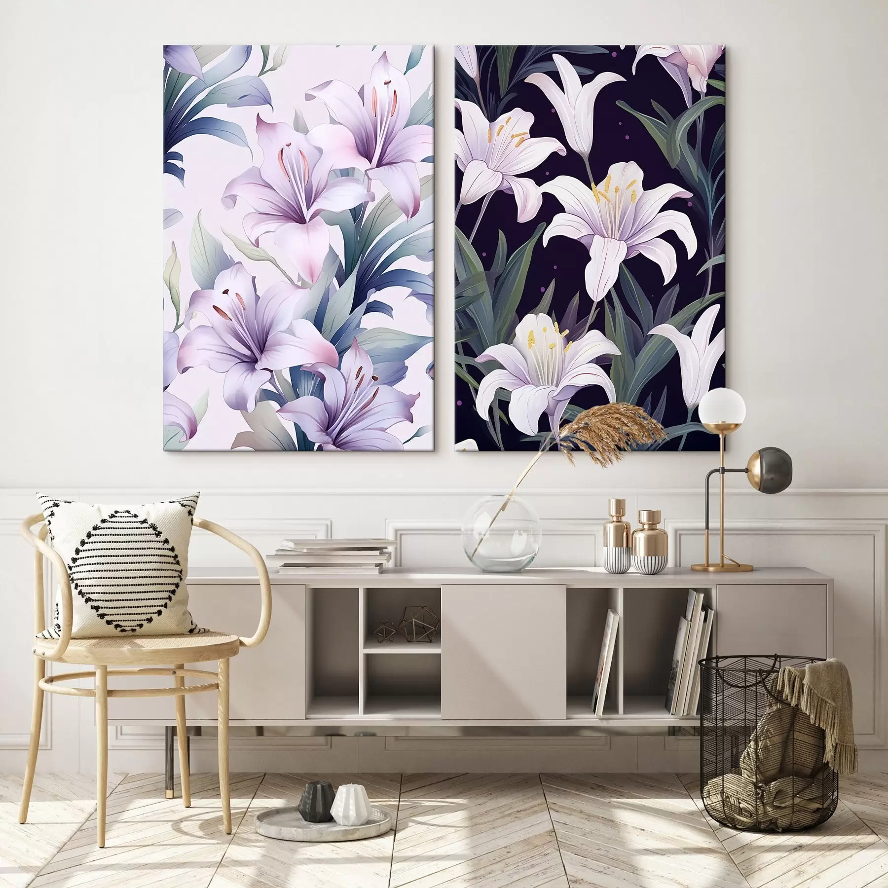 Paveikslėlis Švelnios rožinės lelijos su žaliais lapais šviesiame ir tamsiame fone m00689