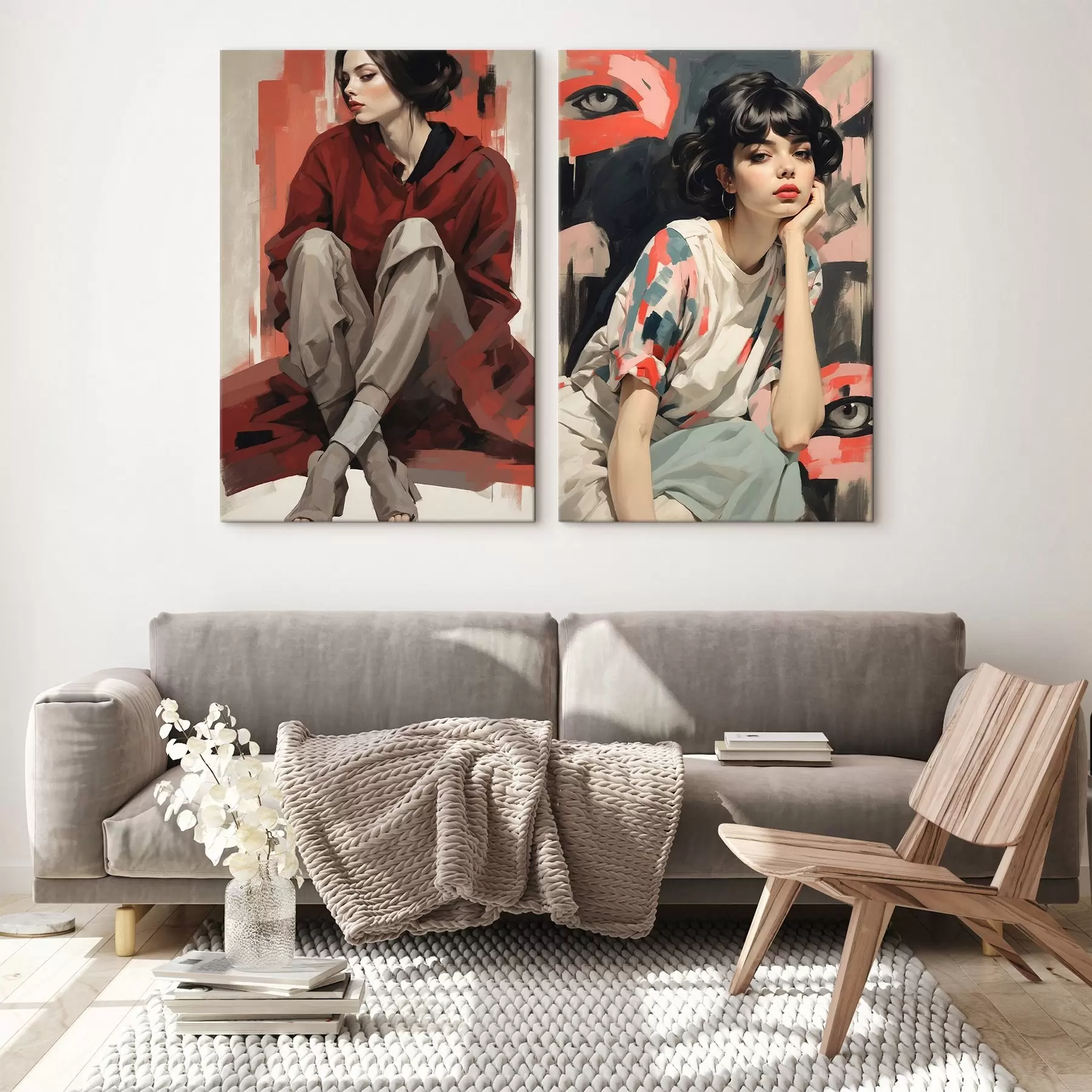 Paveikslėlis Raudonos ir smėlio spalvos abstrakčių stilių mergaičių portretai m00695