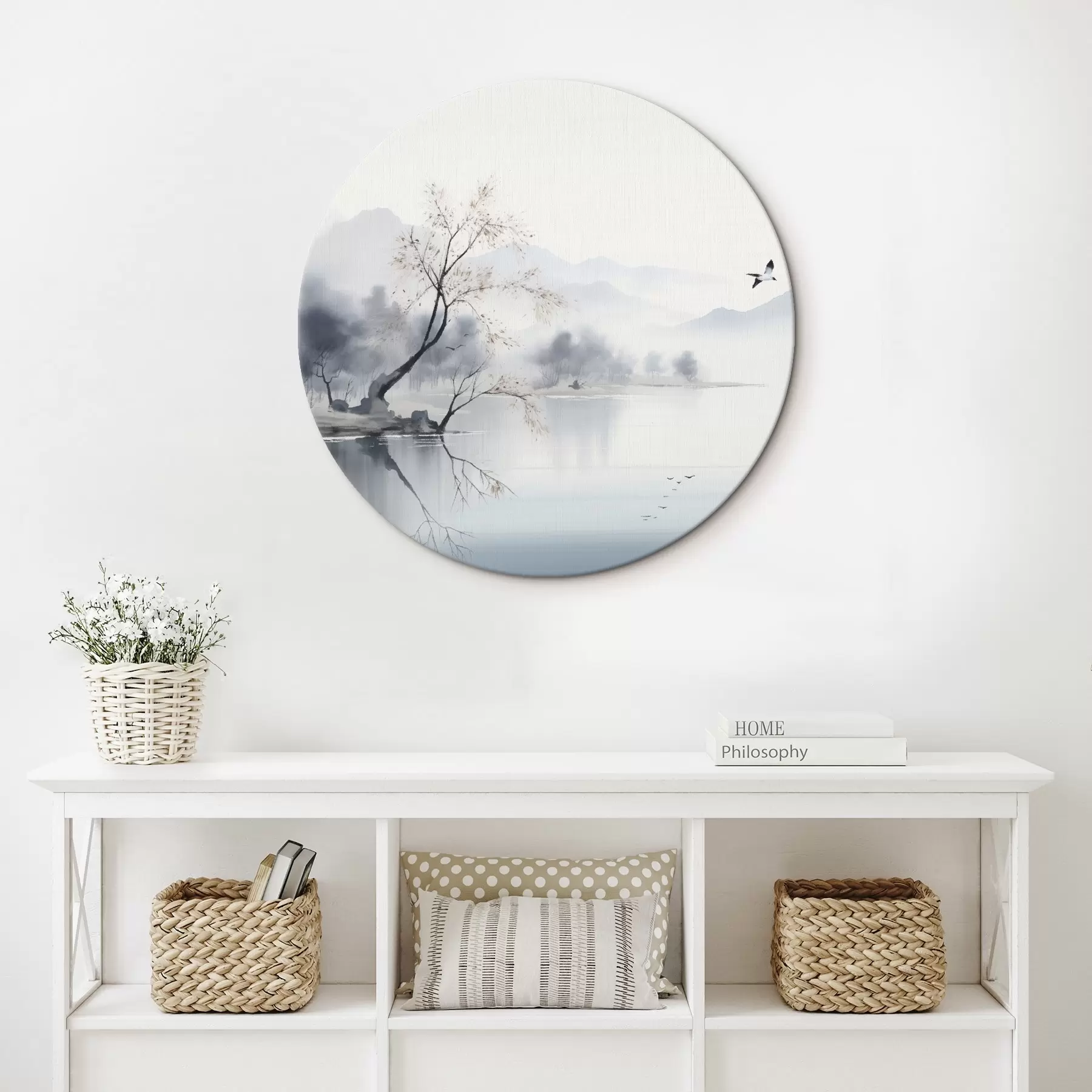 Paveikslėlis Miglotas kraštovaizdis su medžiu, kalnais ir paukščiais r45518