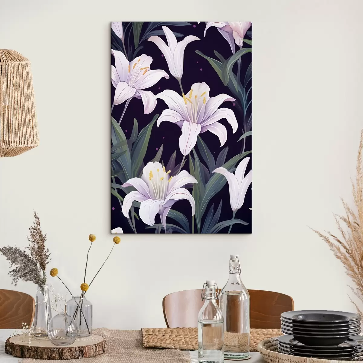 Paveikslėlis Švelnios lelijos tamsiame fone su žaliais lapais s45697