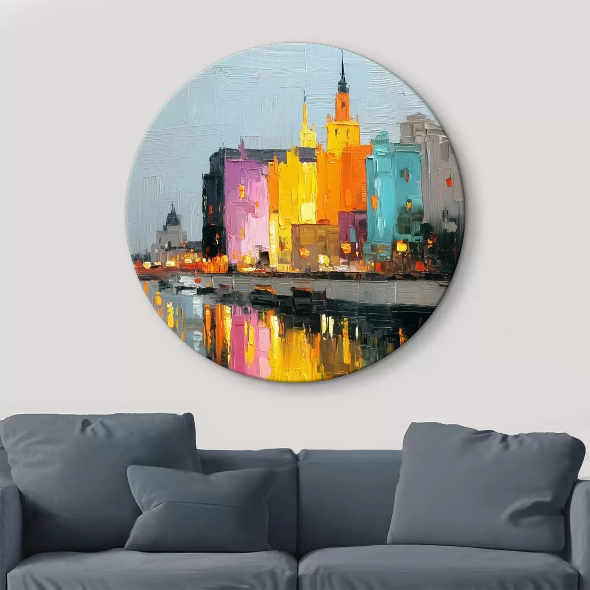 Apvalūs paveikslai Miesto žiburiai: pulsuojantis peizažas impasto stiliumi r45242