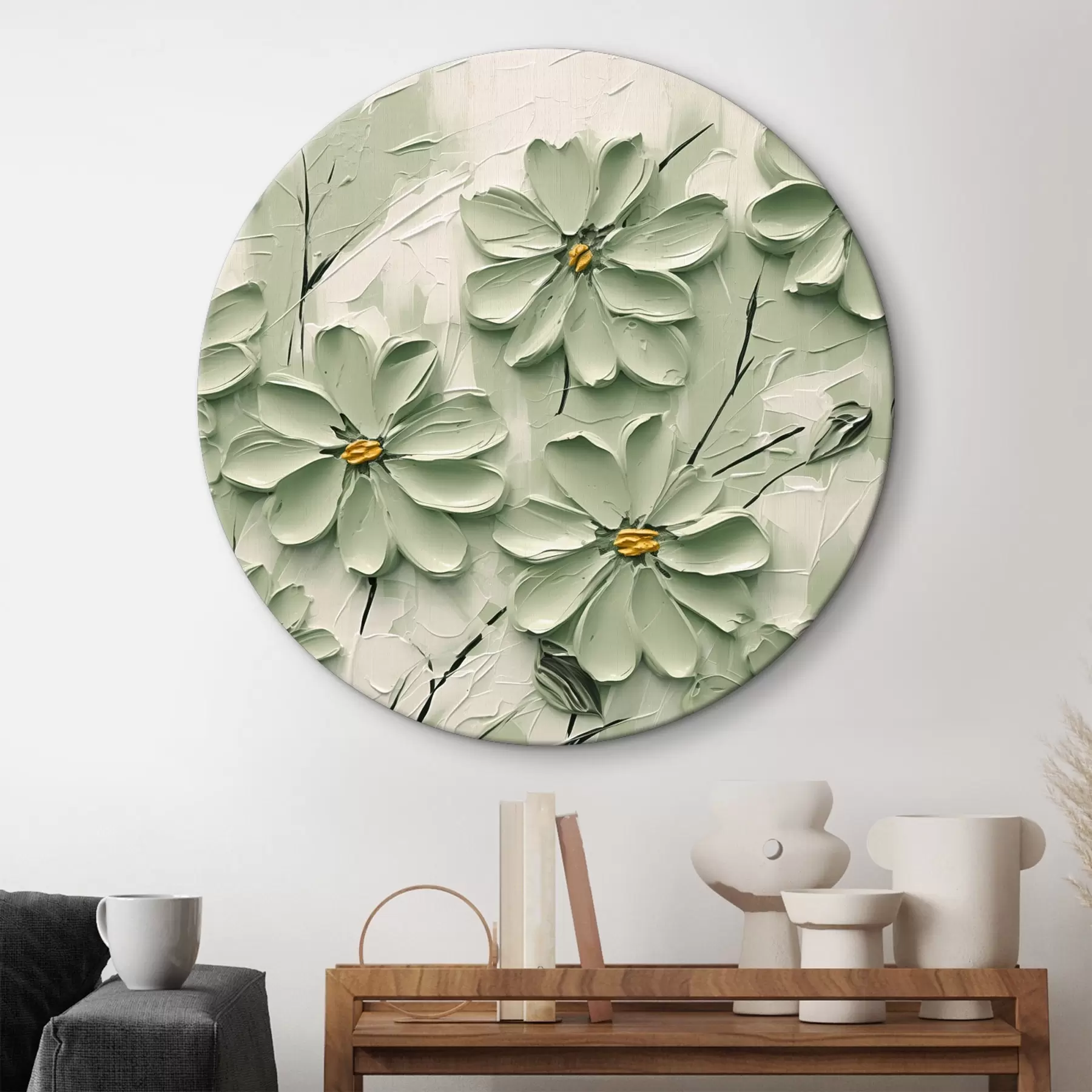 Paveikslėlis Žalios gėlės su geltonais centrais, nutapytos storais potėpiais ant šviesaus fono r45265