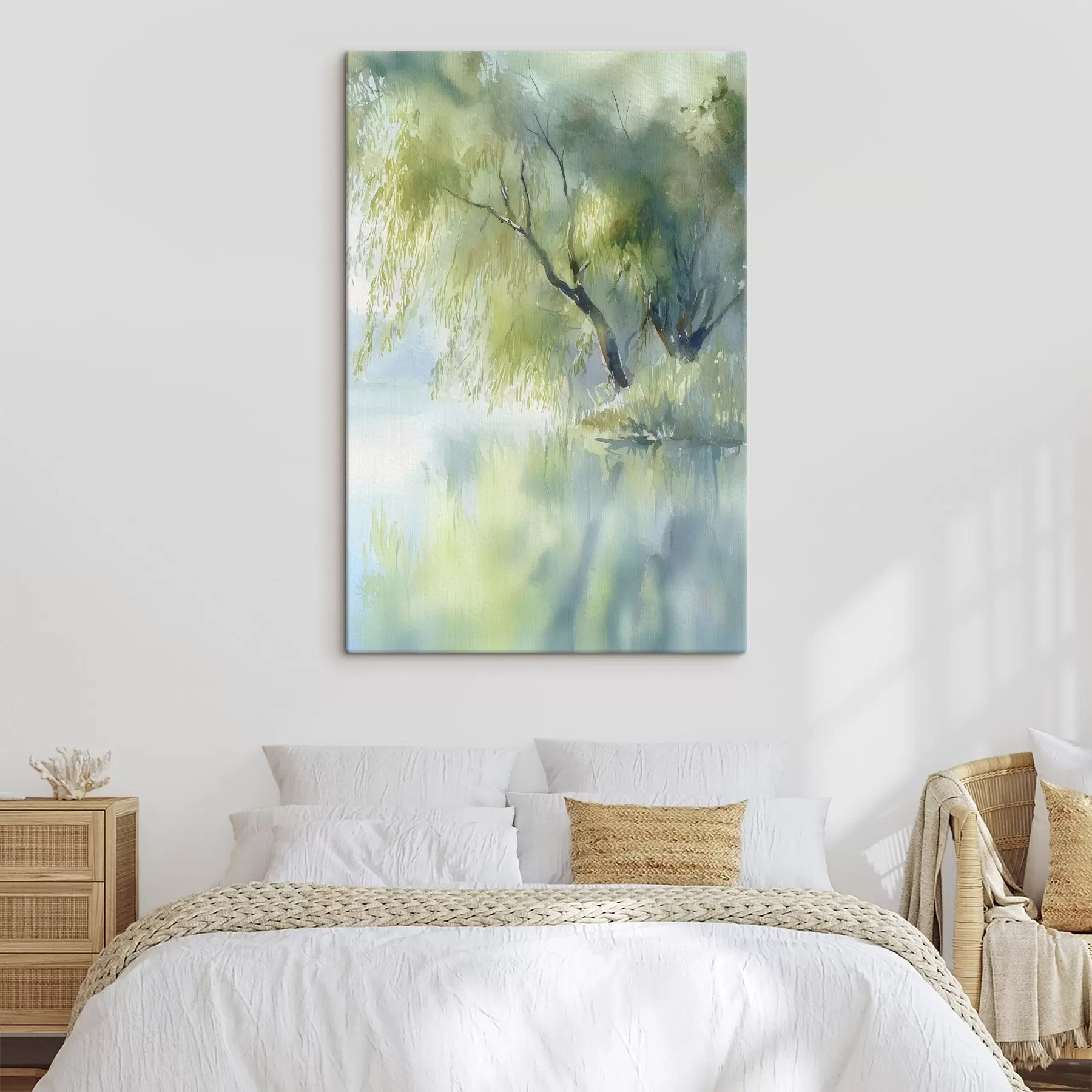 Paveikslėlis vandeniu dažais tapytas gluosnis ant ežero kranto s45715