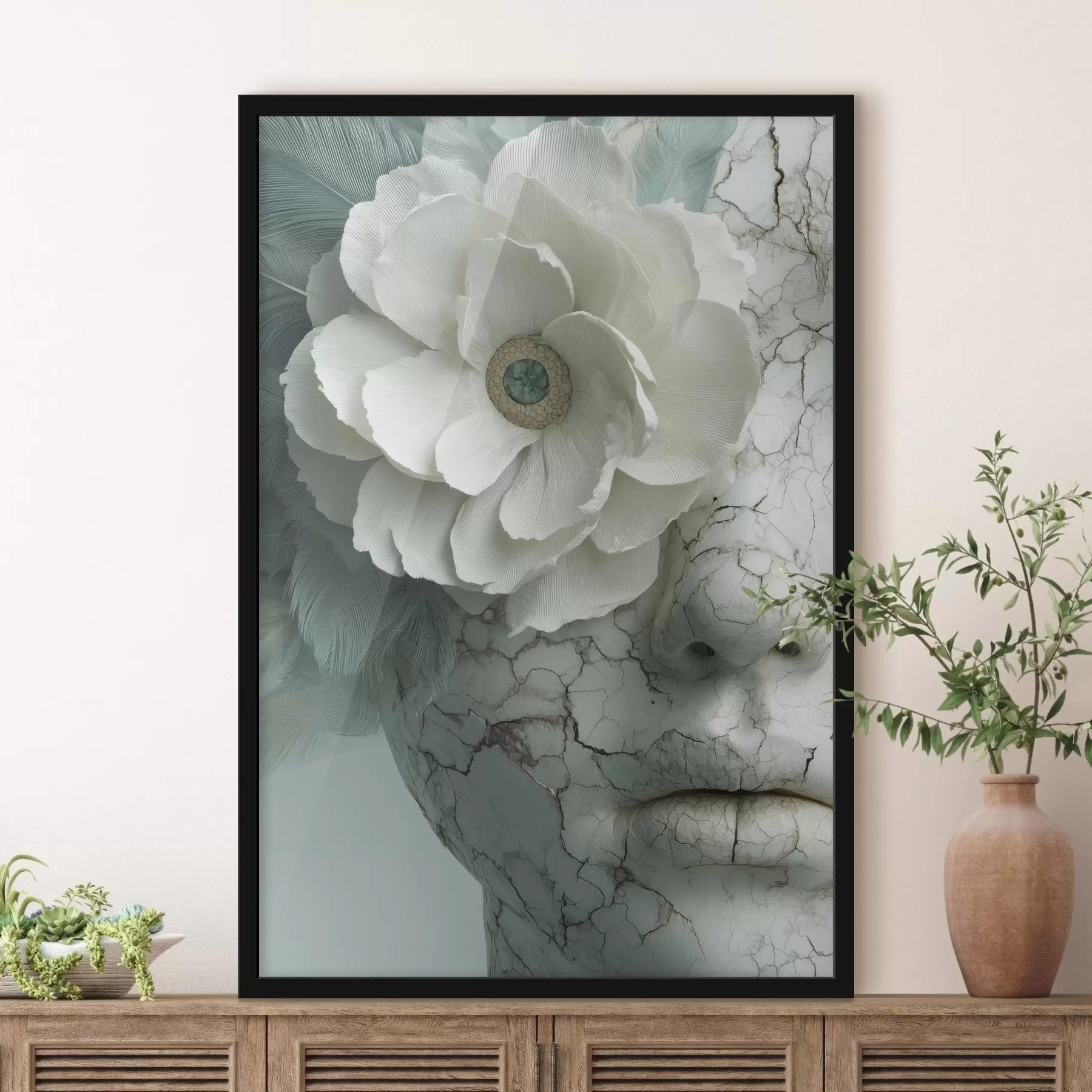 Fototapetai mergaitės veidas iš marmuro su gėle f45709