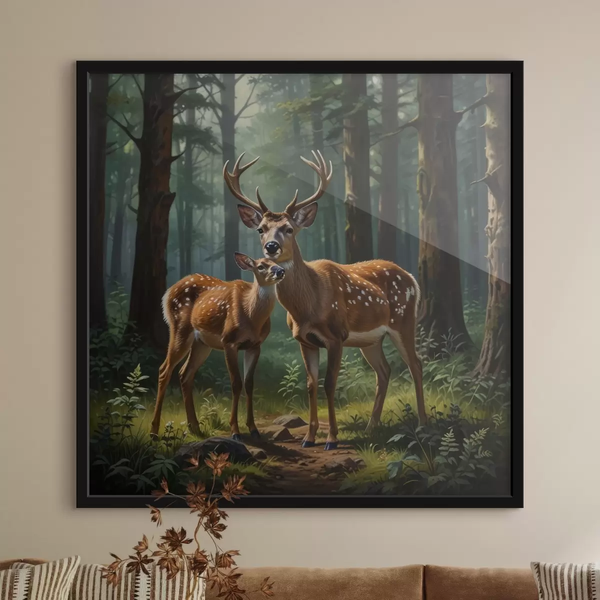 Plakatas elnias su elniuku miške f45732