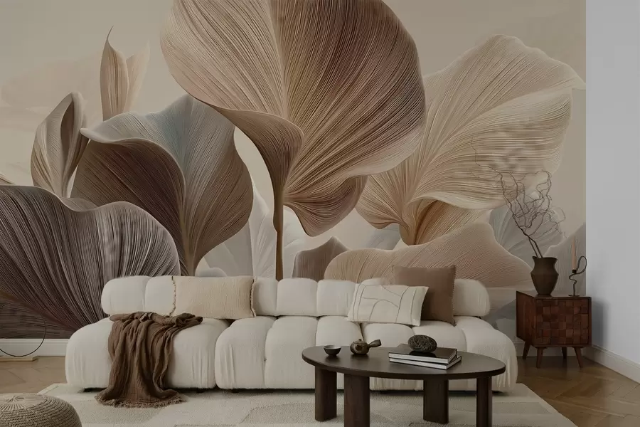 Fototapetai Elegantiški smėlio spalvos lapai su subtilia linijine tekstūra w04549