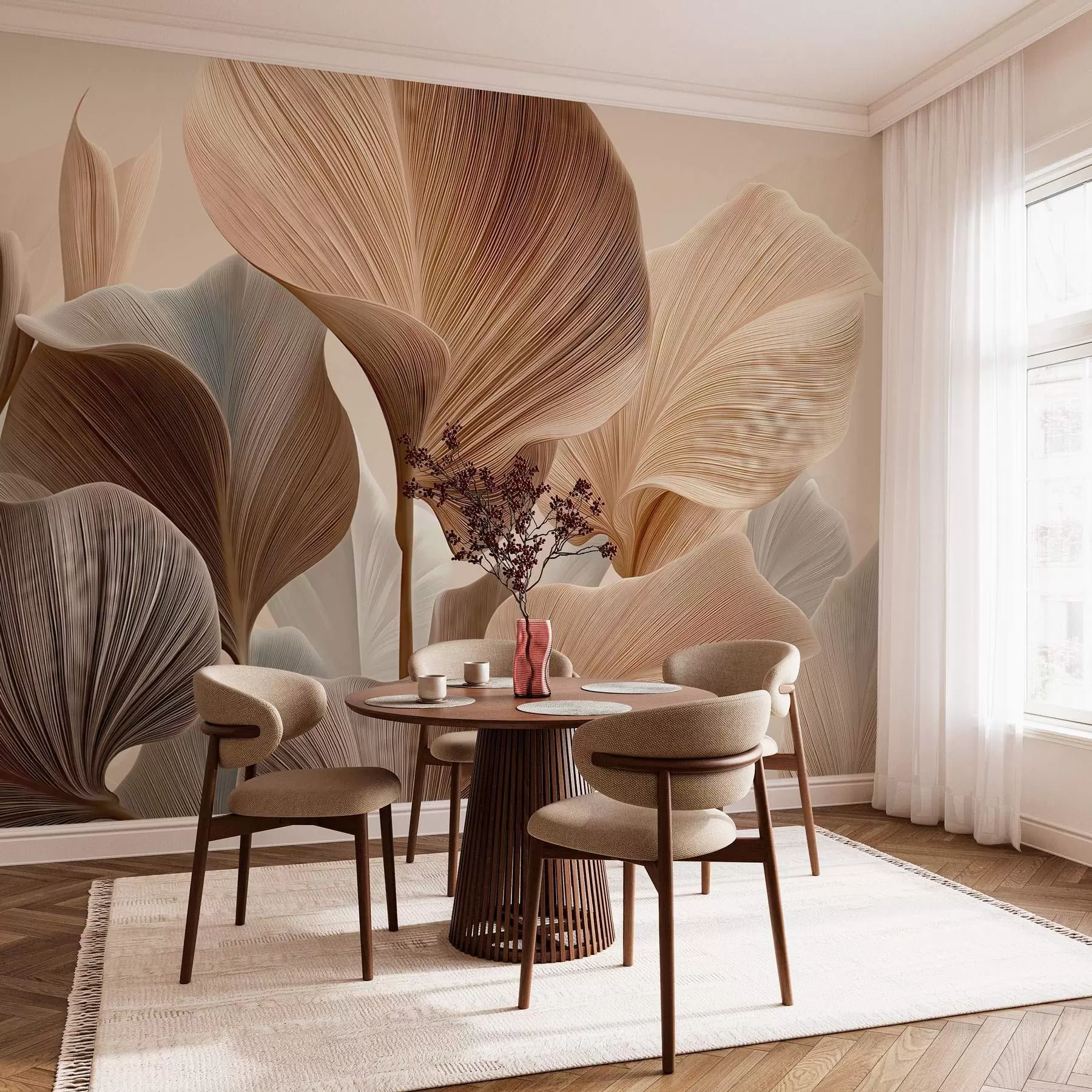 Fototapetai Elegantiški smėlio spalvos lapai su subtilia linijine tekstūra w04549