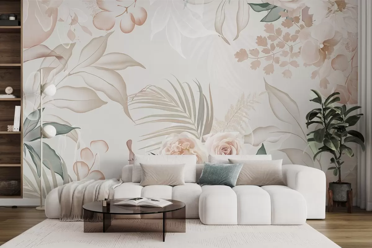 Fototapetai Gėlių kompozicija su rožėmis, orchidėjomis, eukaliptais ir palmių lapais pastelinėmis spalvomis, smėlio spalvos fonas w09393