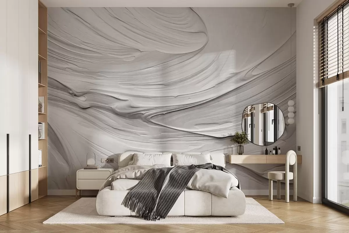 Fototapetai Abstrakčios tekstūros baltos spalvos dažų potėpiai, imituojantys sūkurinius raštus, neutrali, minimalistinė moderni kompozicija w09394