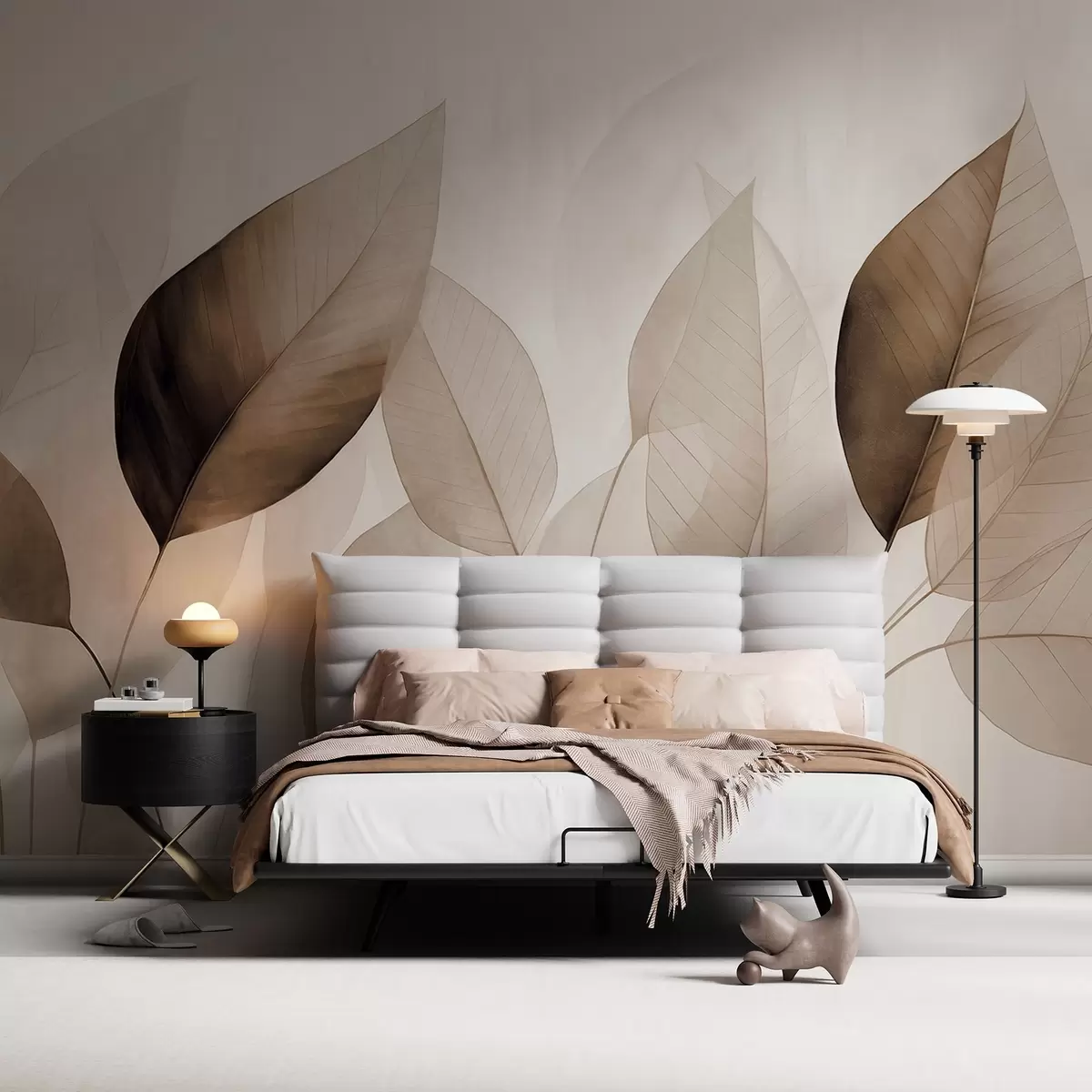 Fototapetai Tekstūruotas tapybos imitacija lapų atspalvių rudos ir smėlio spalvos su subtiliais gyslomis ir stiebais w09400v1