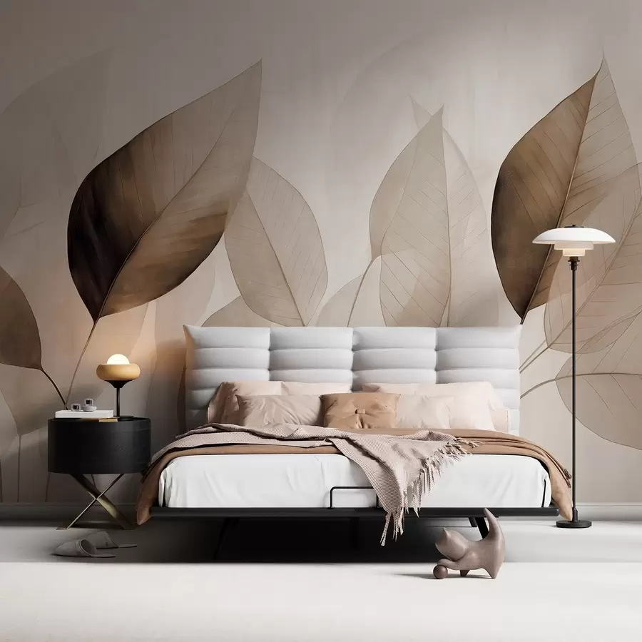 Fototapetai Tekstūruotas tapybos imitacija lapų atspalvių rudos ir smėlio spalvos su subtiliais gyslomis ir stiebais w09400v1