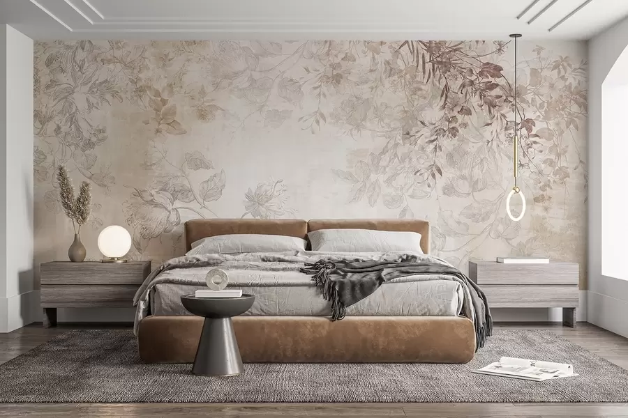 Fototapetai Vintage tekstūruotas gėlių menas su piešimo stiliaus subtiliais sodo gėlių ir lapų iliustracijomis, švelniais pasteliniais smėlio ir sepijos atspalviais w09402