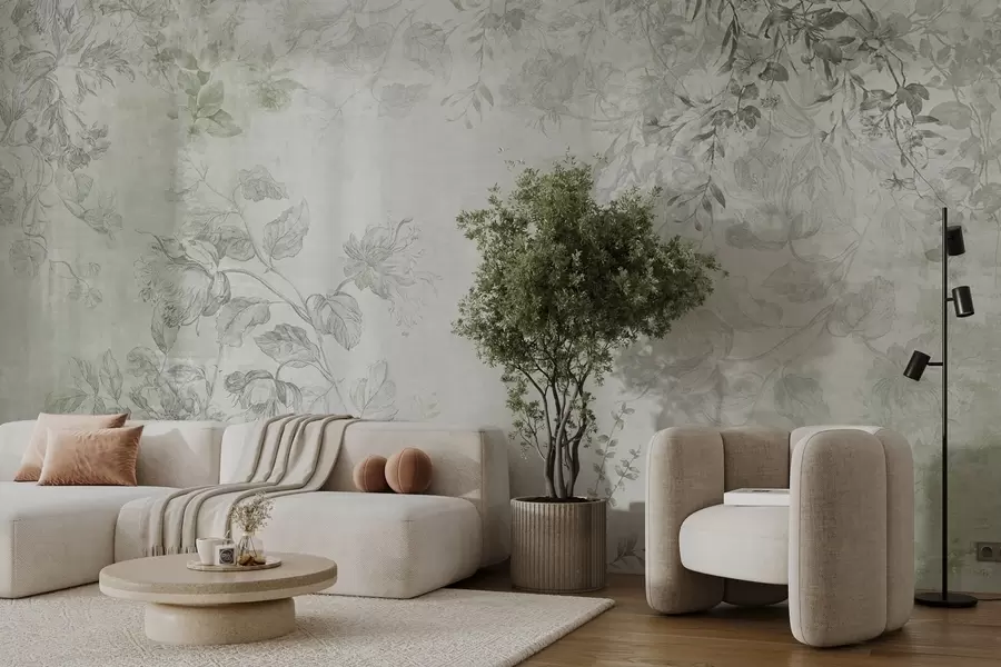 Fototapetai Vintage tekstūrinis gėlių menas su piešimo stiliaus subtiliais sodo gėlių ir lapų iliustracijomis, švelniais žaliais atspalviais w09402v2