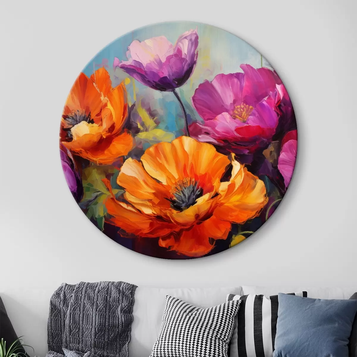 Apvalūs paveikslai Ryškūs aguonai violetinės ir oranžinės spalvos atspalviais r45804
