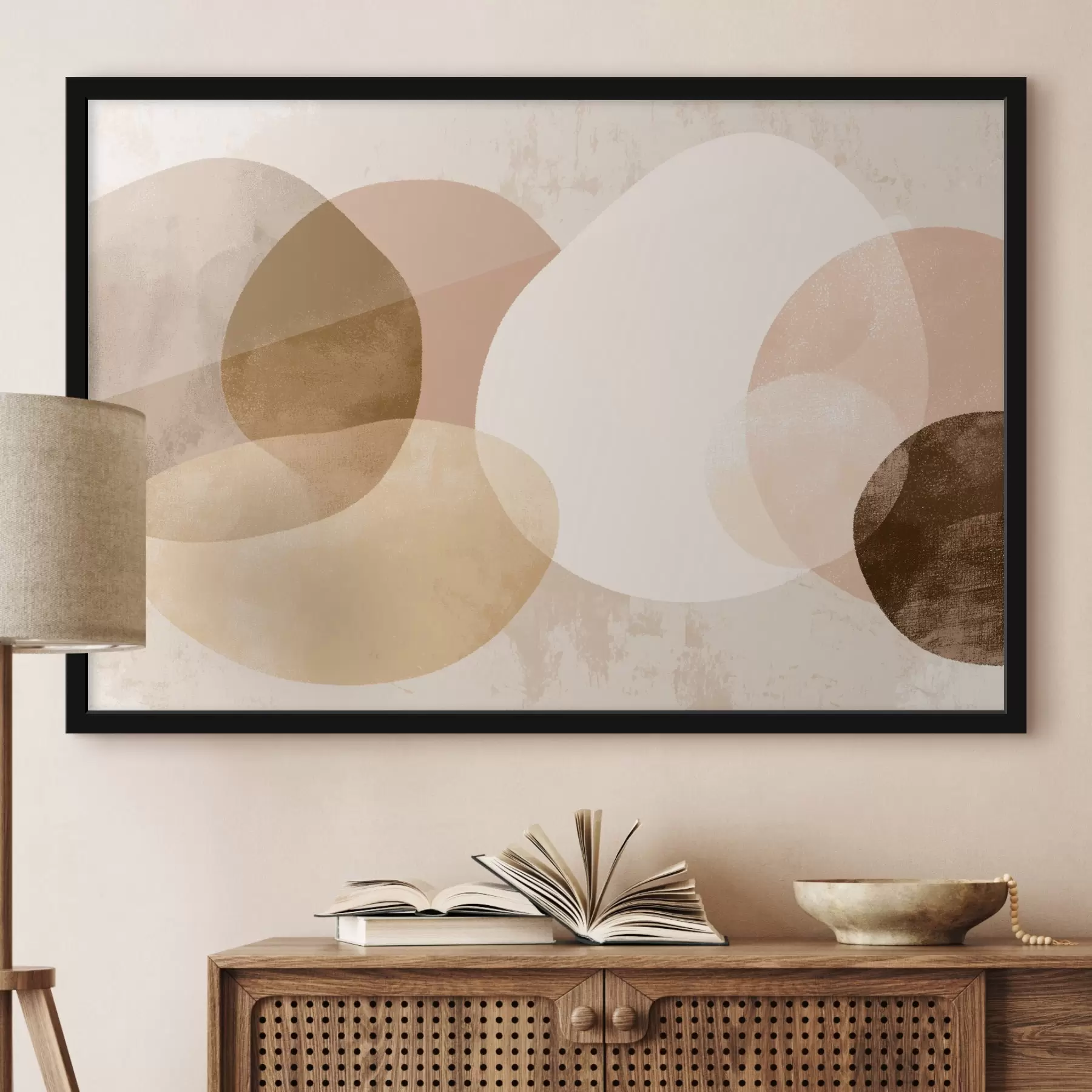 Fototapetai Abstrakčios permatomos apskritimo formos figūros šiltų spalvų paletėje f45803