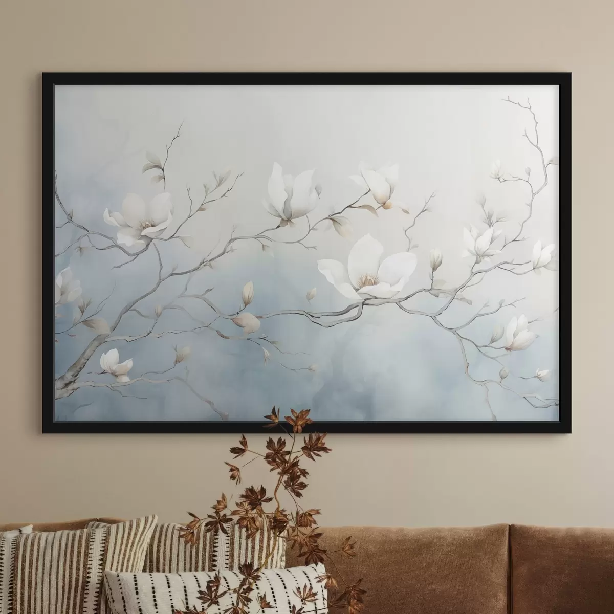 Plakatas Magnolijos šakos su baltomis gėlėmis ant subtilaus fono f45806