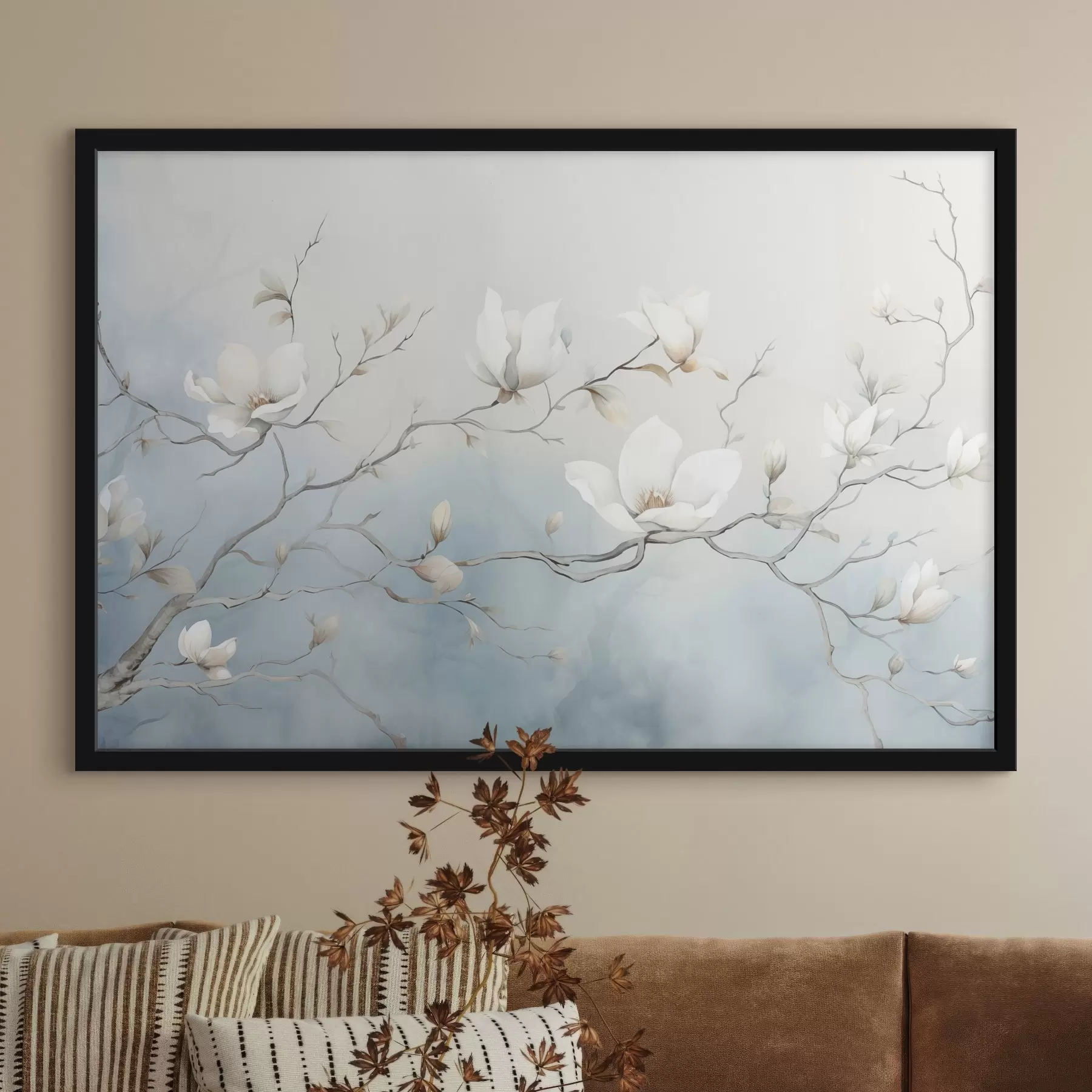 Fototapetai Magnolijos šakos su baltomis gėlėmis ant subtilaus fono f45806
