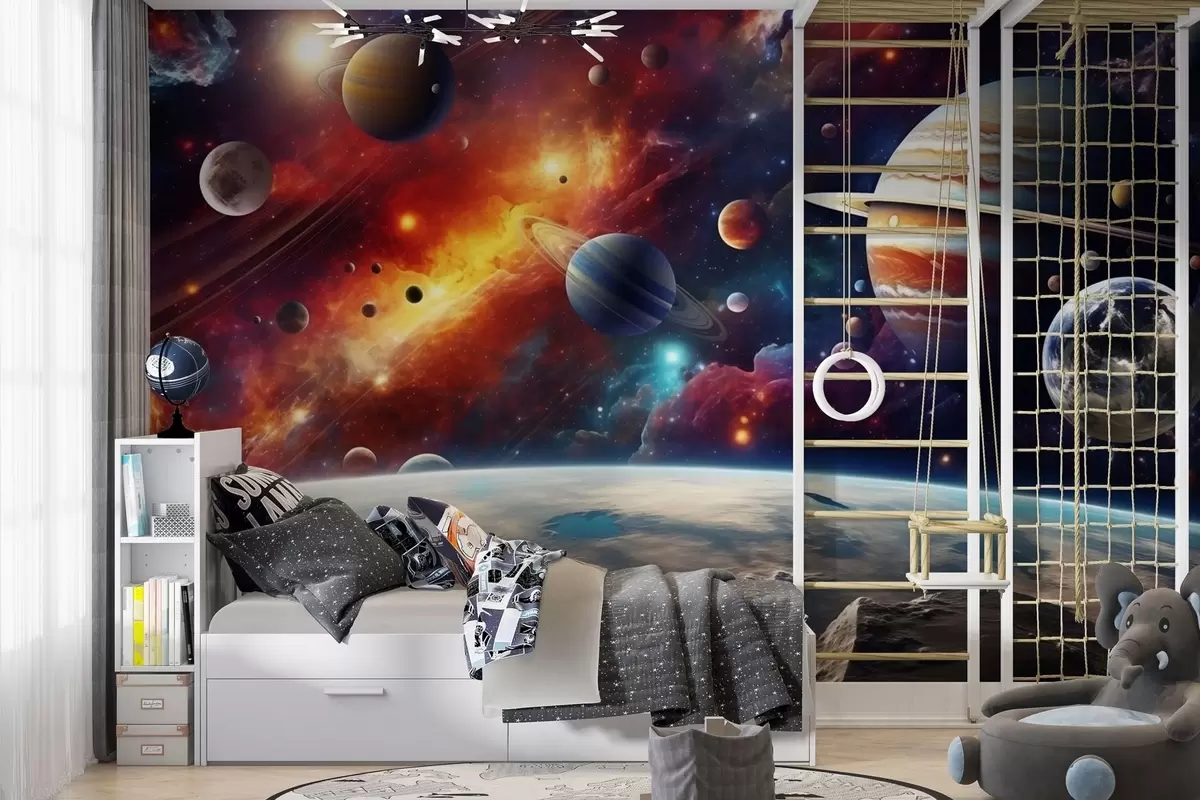 Fototapetai Spalvingas kosmosas su planetomis ir ūkais w04576