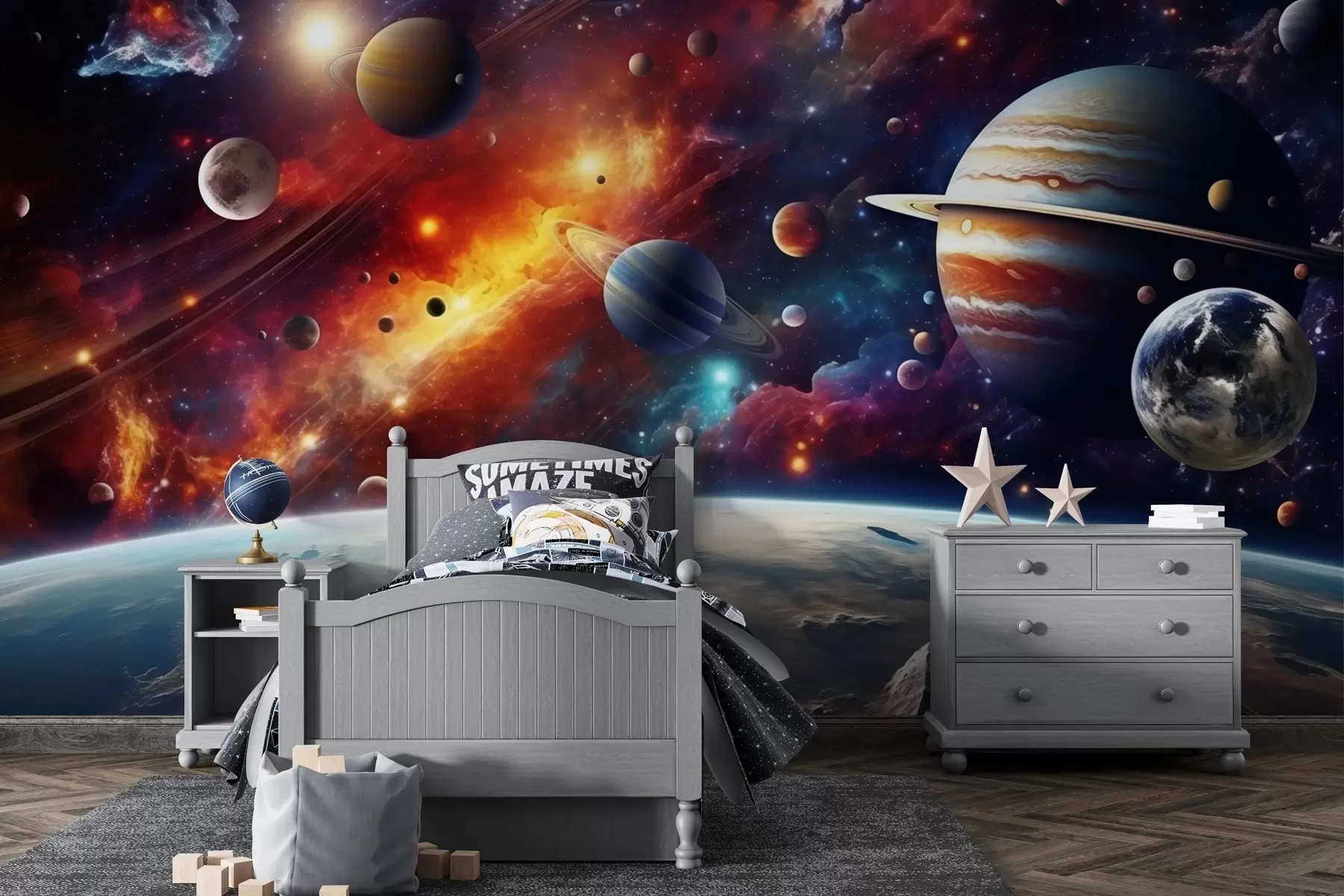 Fototapetai Spalvingas kosmosas su planetomis ir ūkais w04576