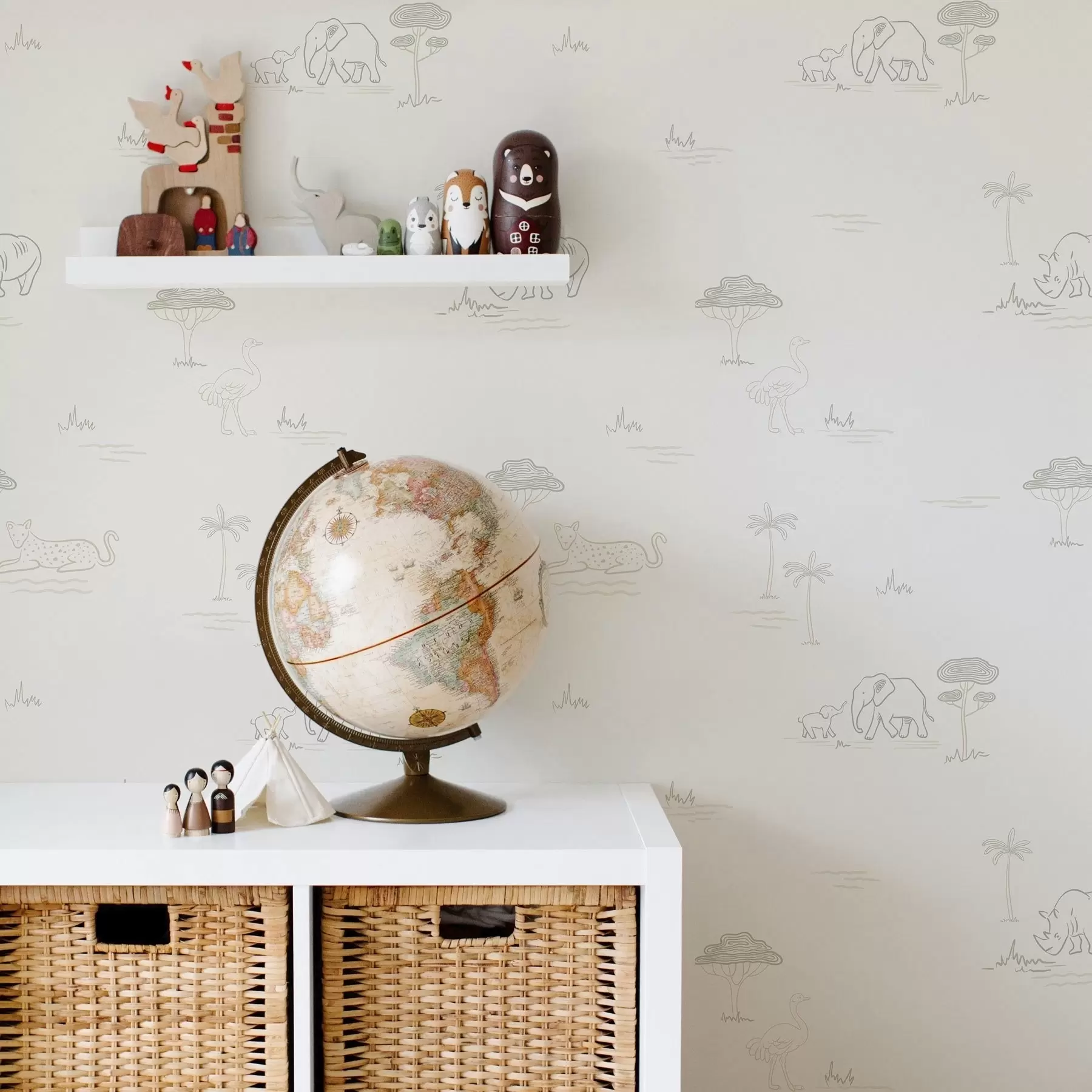 Fototapetai Minimalistinis safaris: drambliai, raganos, leopardai ir palmių giraitės a00492