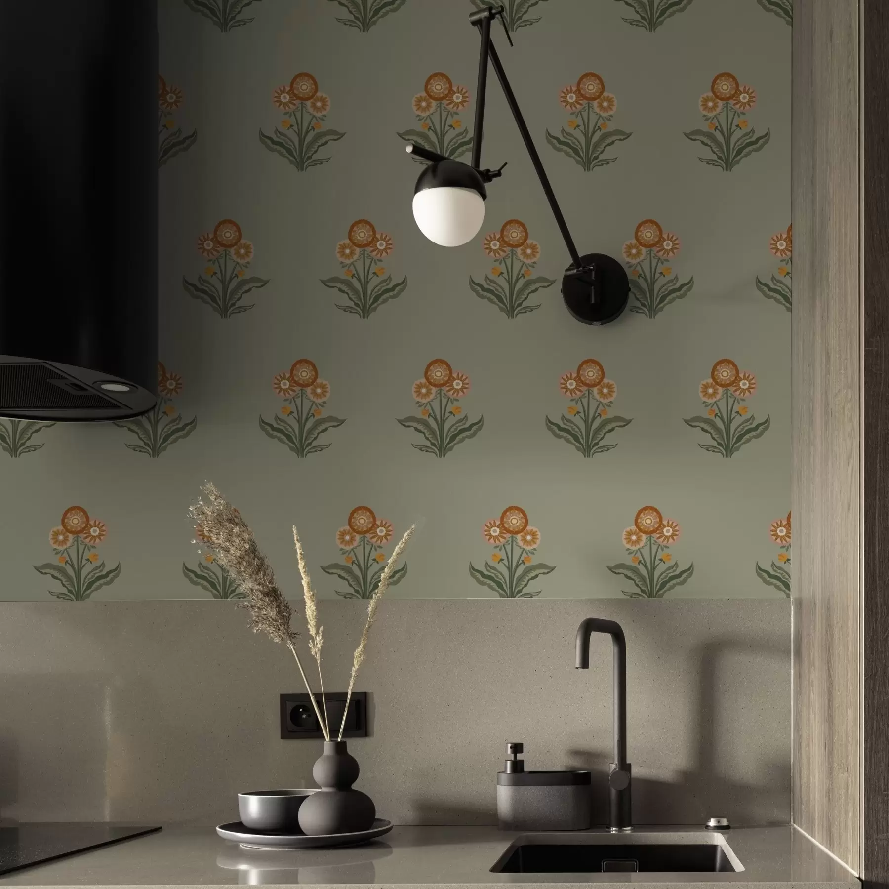 Fototapetai Stilizuotos gėlės ant alyvuogių fono, šiltos spalvos a00494v2