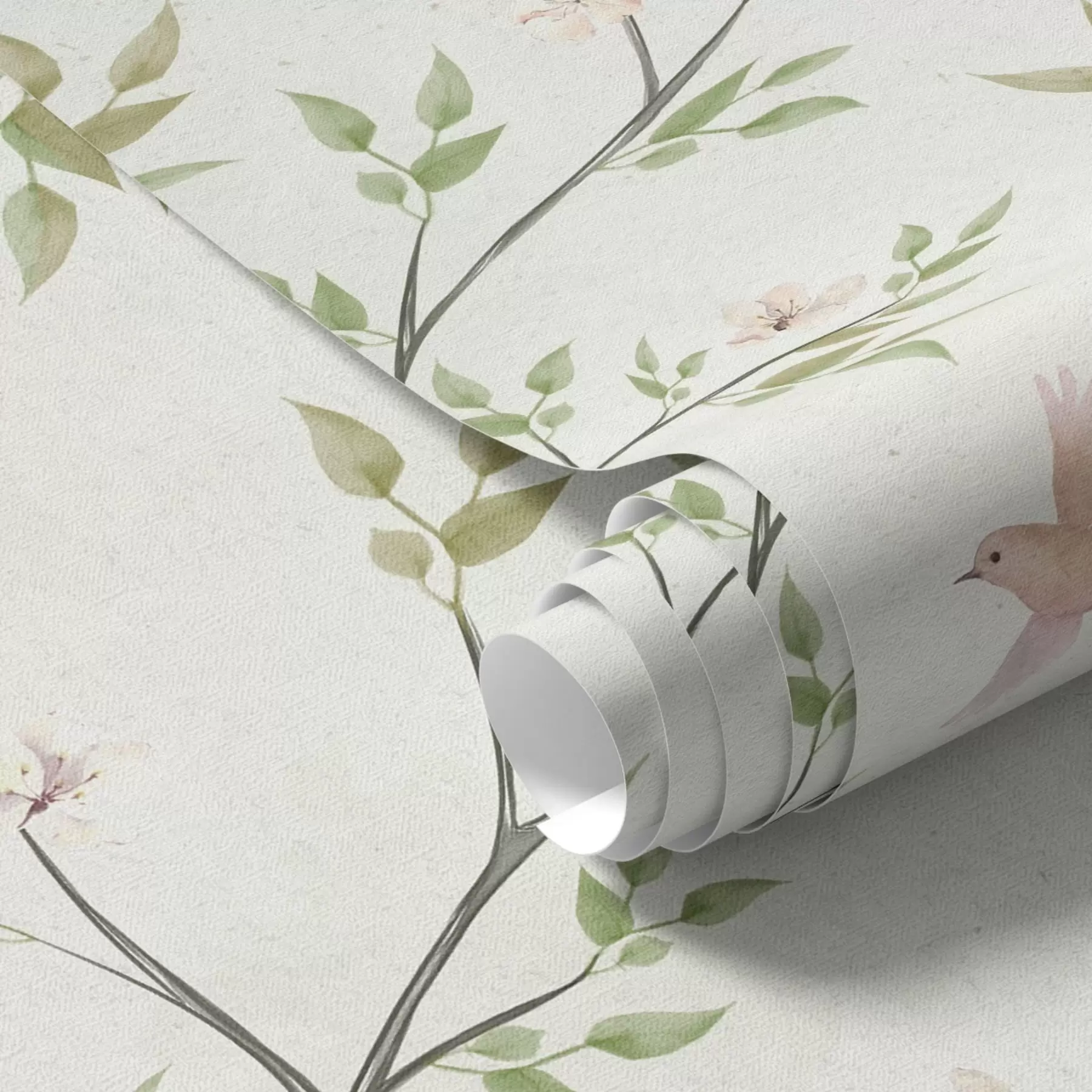 Fototapetai Akrilo dažais tapytos šakos su lapais ir paukščiais ant šviesaus fono a00496