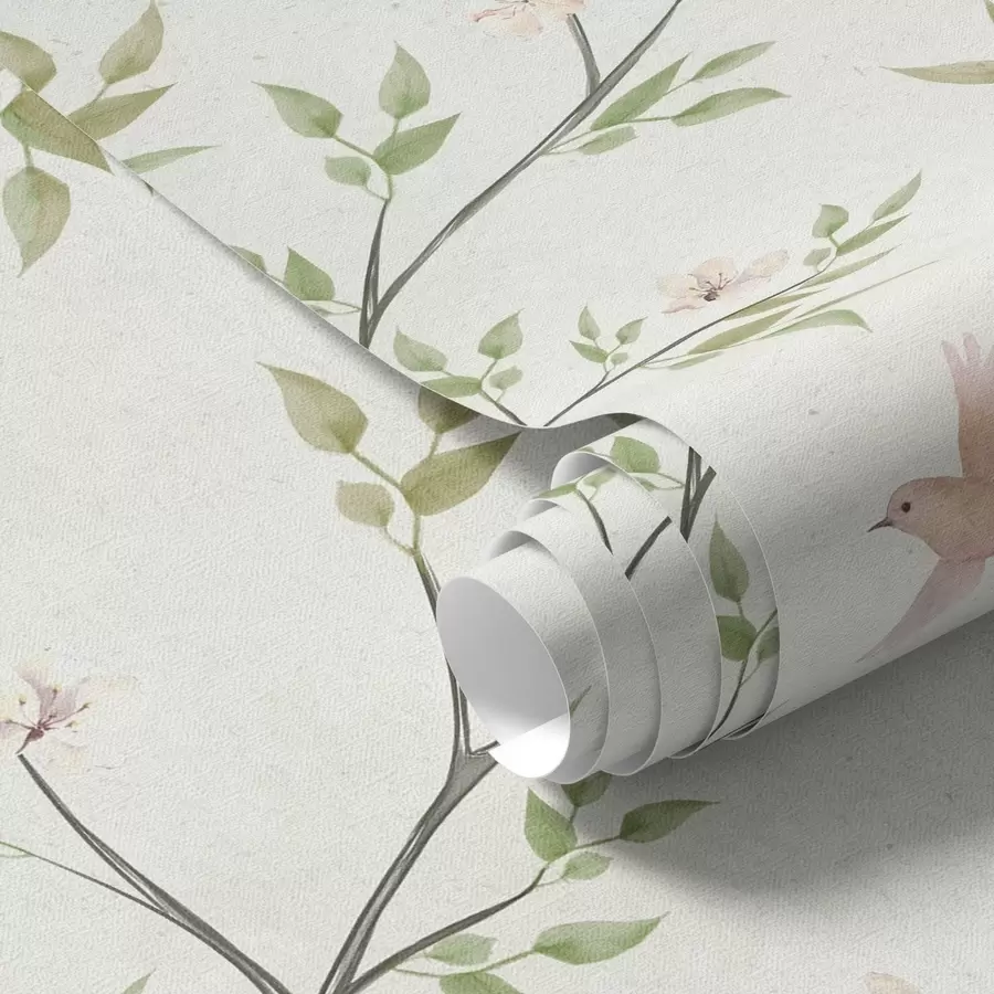 Fototapetai Akrilo dažais tapytos šakos su lapais ir paukščiais ant šviesaus fono a00496