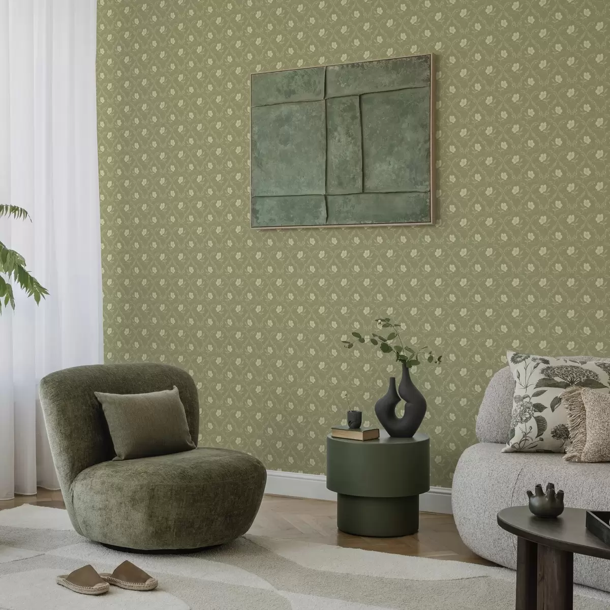 Tapetai Alyvuogių grotelės su kreminėmis gėlėmis, retro ornamentas a00585