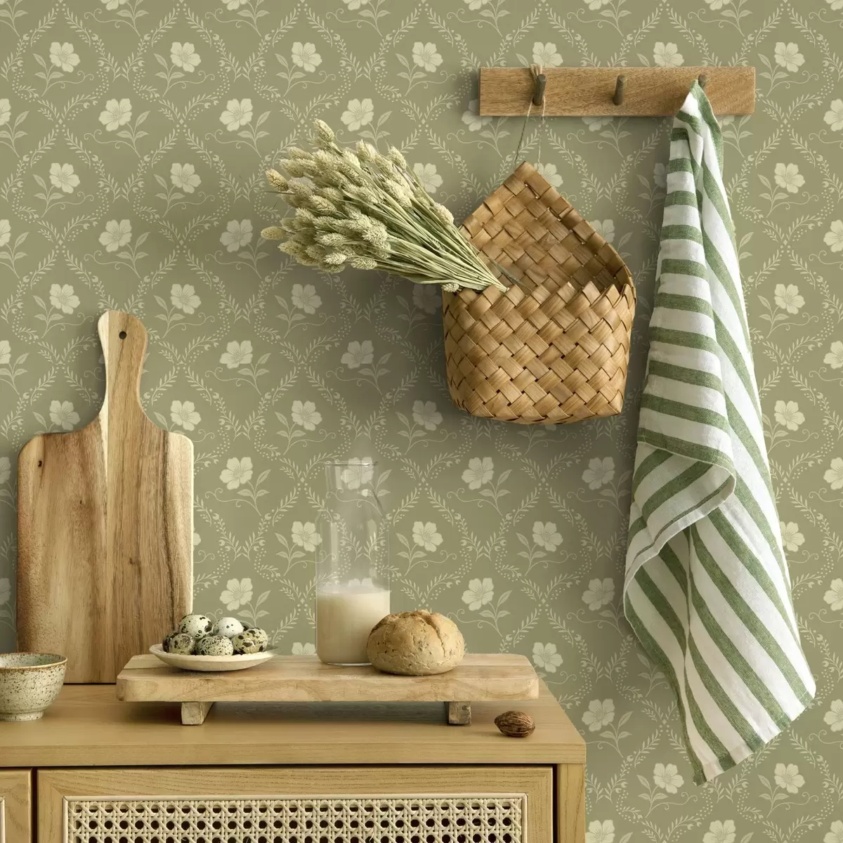 Tapetai Alyvuogių grotelės su kreminėmis gėlėmis, retro ornamentas a00585