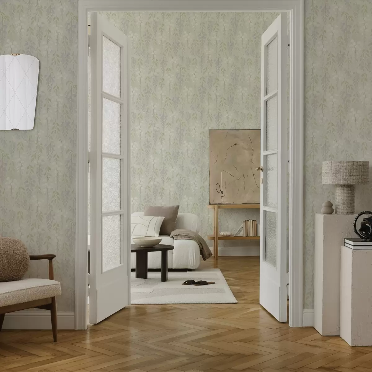 Tapetai Vijoklinė levandų gėlė ant mėtų žalios spalvos fono a00593