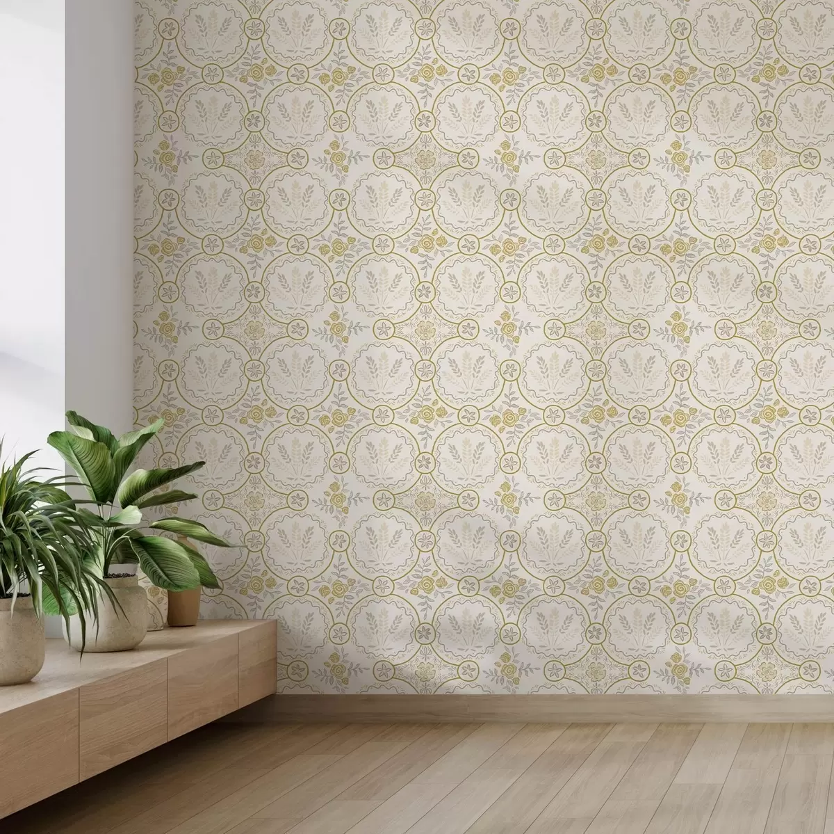 Tapetai Retro ornamentas su kviečiais ir rožėmis auksu a00595
