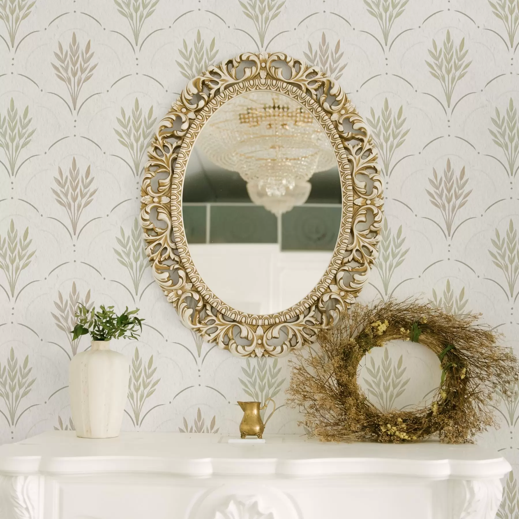 Fototapetai Kviečiai arkiniame ornamente, švelnios pastelinės spalvos ant balto fono a00607v1