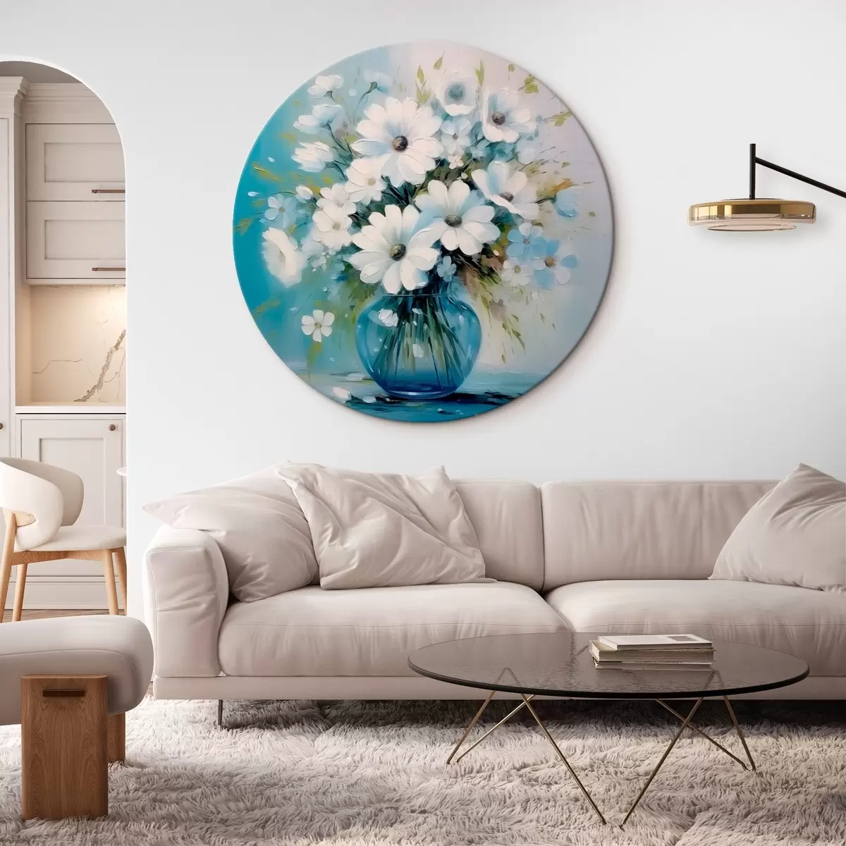Apvalūs paveikslai Ramunėlių puokštė mėlynoje vazoje r45959