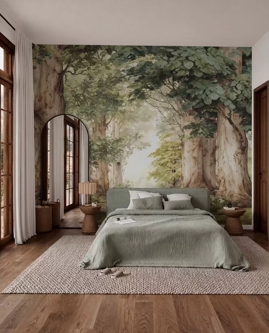 Fototapetai Miško takas tarp didingų medžių, tapytas akvarele w09404