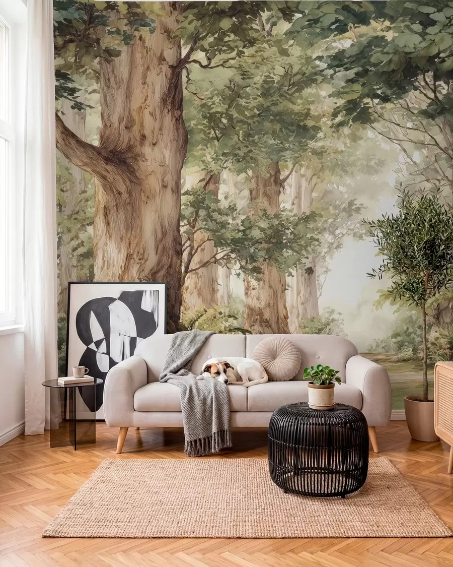 Fototapetai Miško takas tarp didingų medžių, tapytas akvarele w09404