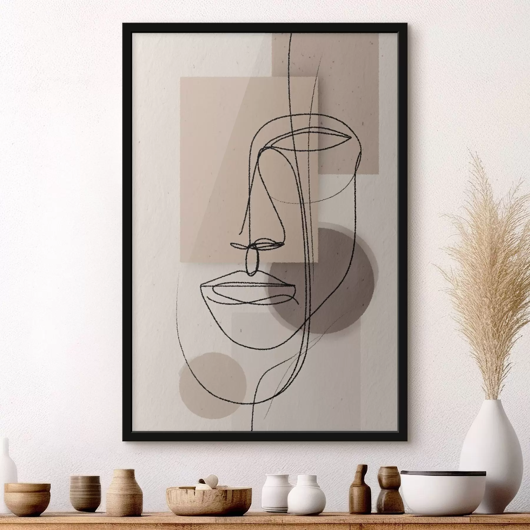 Fototapetai Linijinis portretas ant smėlio spalvos geometrinių figūrų f45886