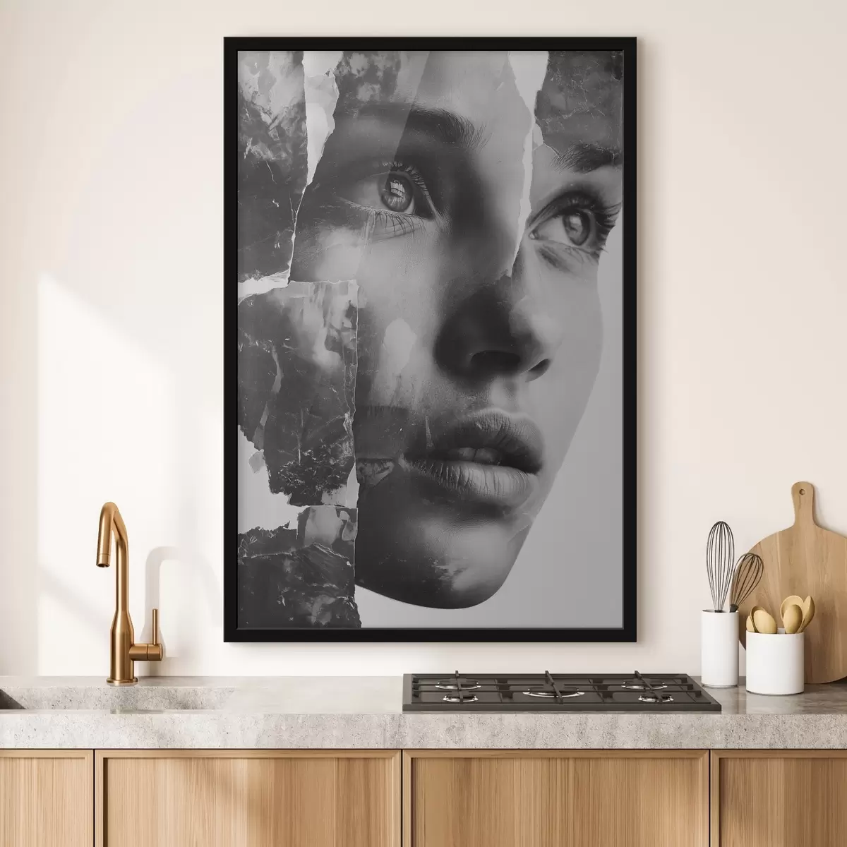 Plakatas Juodai baltas koliažinis portretas su suplėšytais tekstūriniais sluoksniais f45898