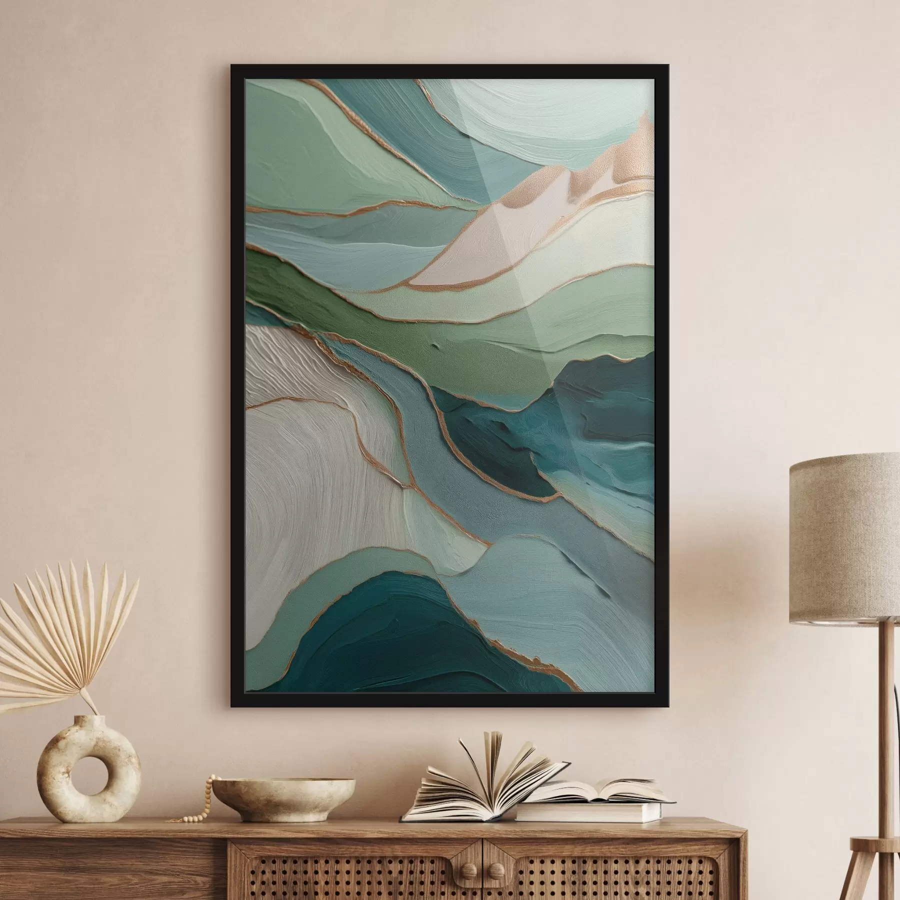 Fototapetai Sluoksniuota žalia abstrakcija su geltonomis linijomis ir gilumu f45902