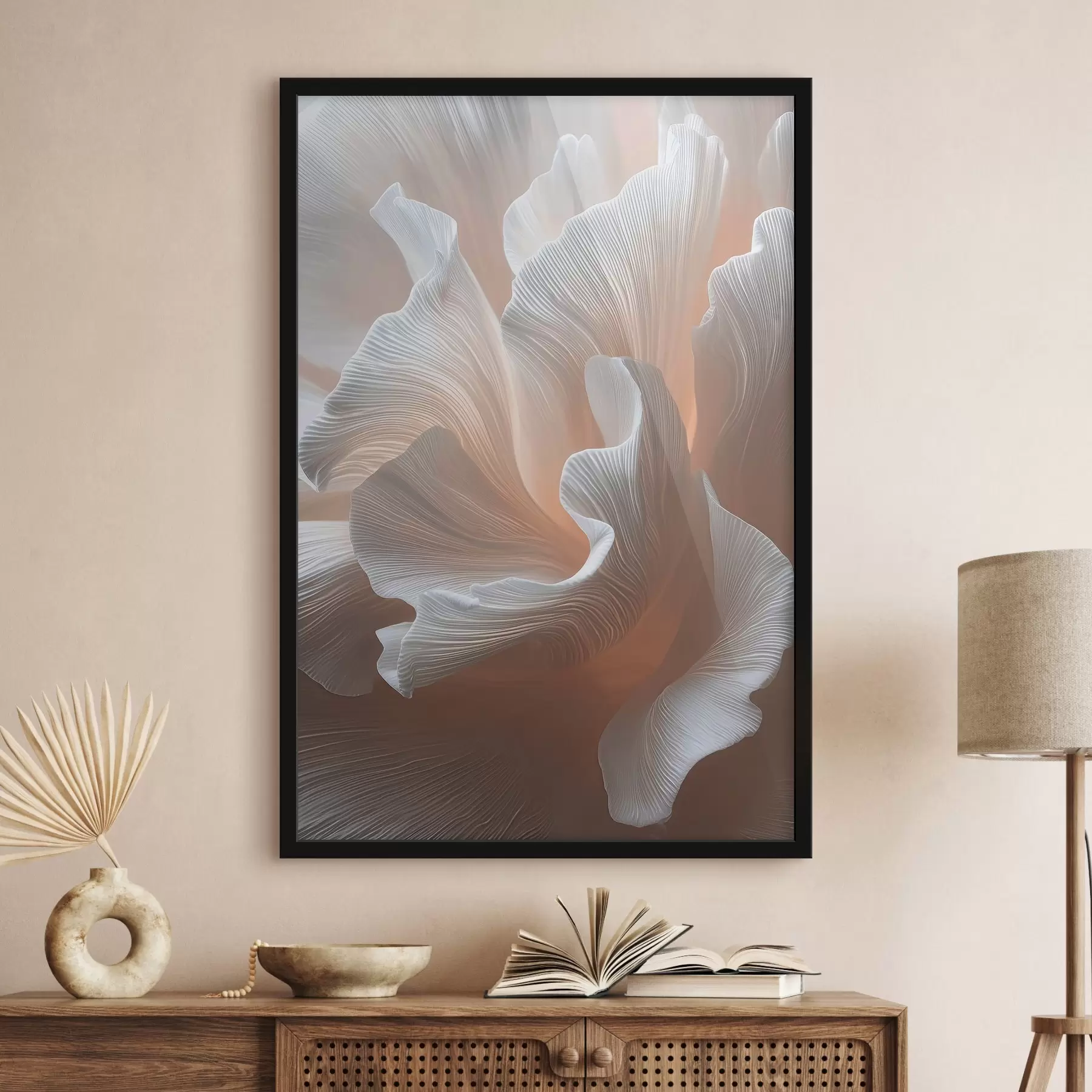 Fototapetai Oro balti žiedlapiai su šiltu persikų spindesiu f45909