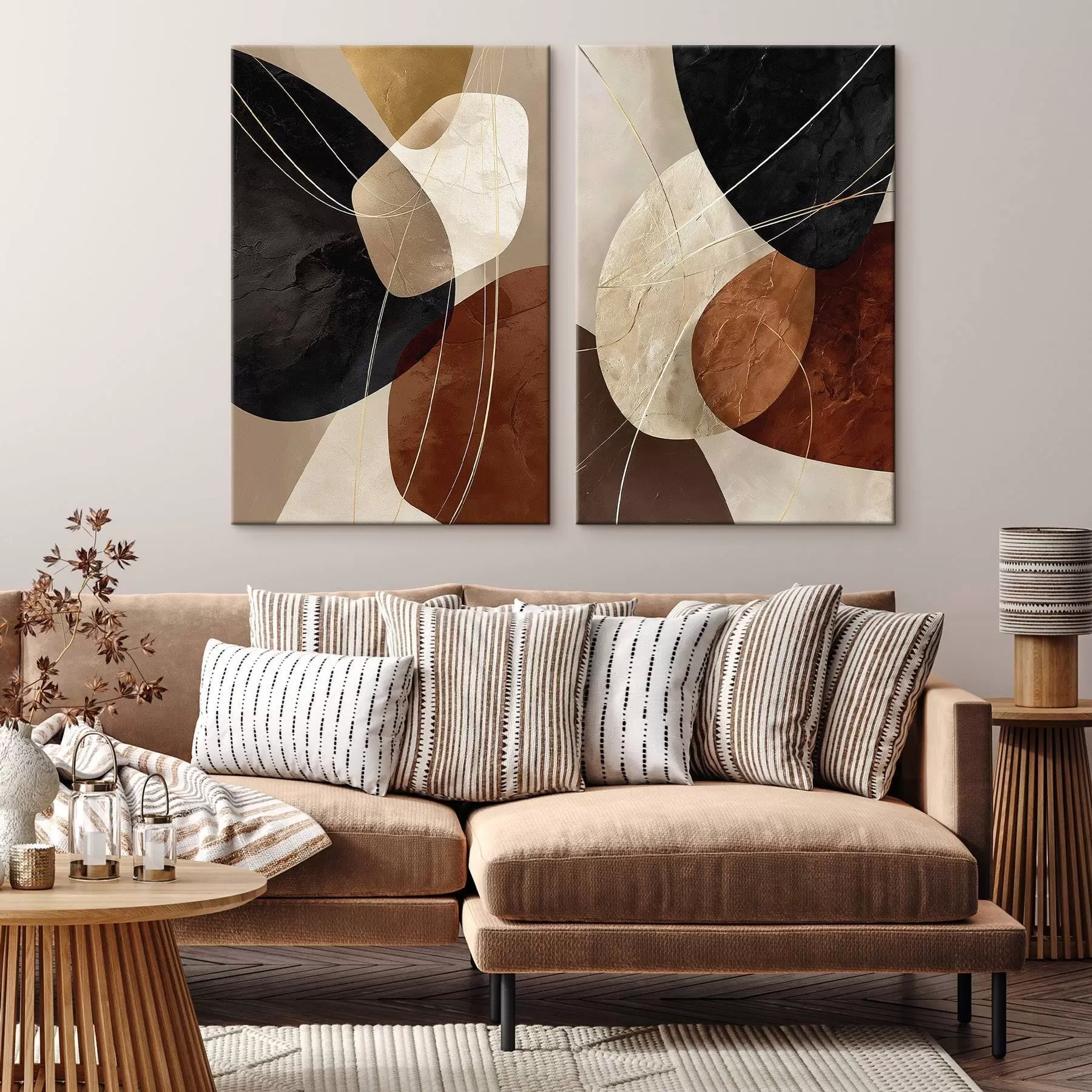 Paveikslėlis Geometriniai ovalai šiltų spalvų paletėje su geltonomis linijomis m00763