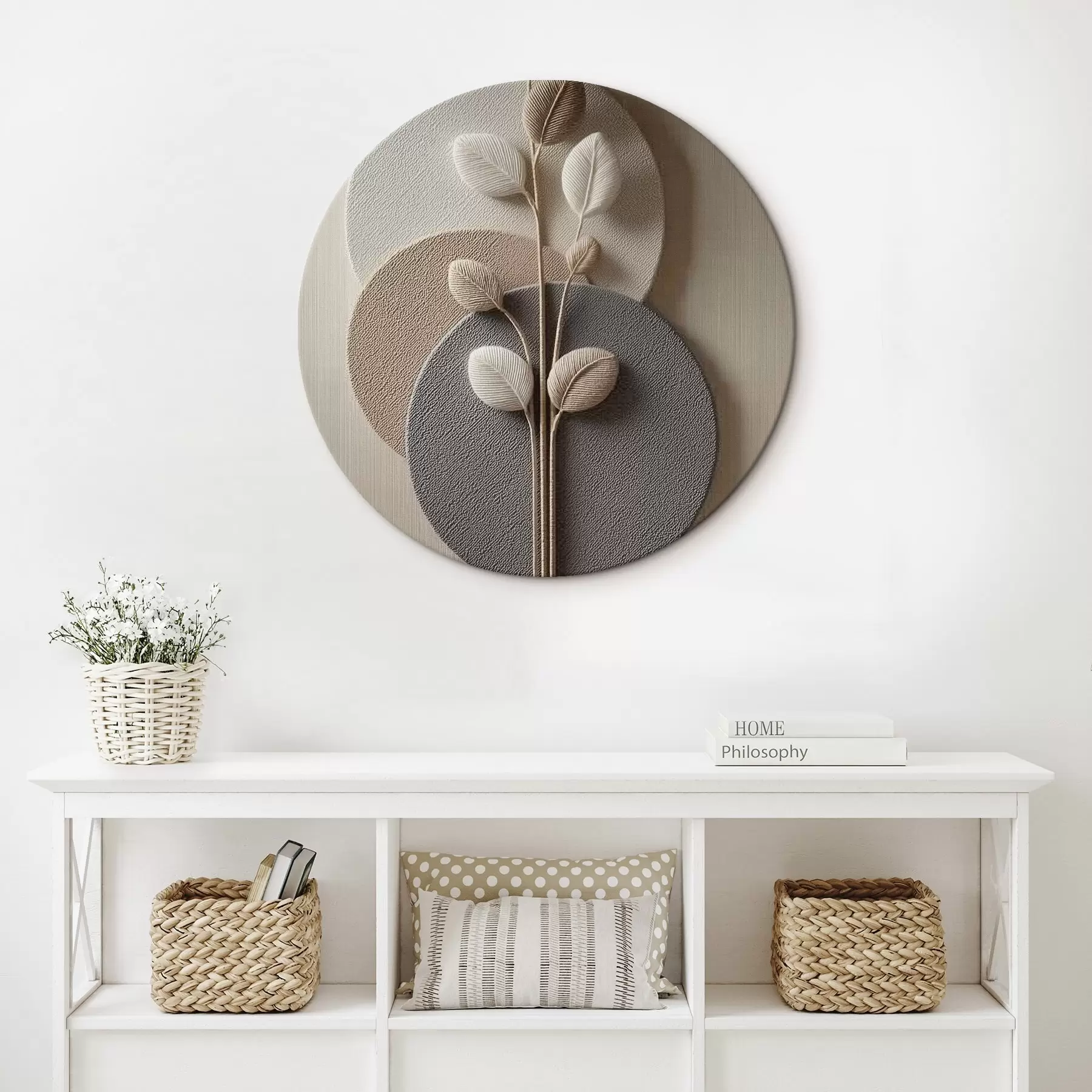 Paveikslėlis Reljefiniai apskritimai ir šaka šiltų neutralių atspalvių r45883