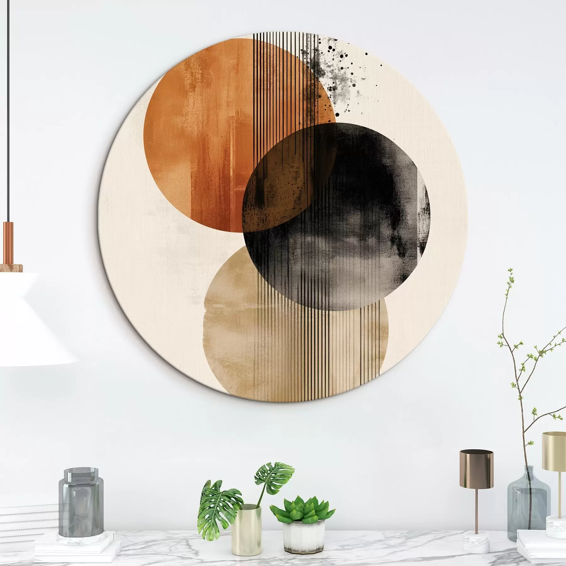 Paveikslėlis Trys tekstūruoti apskritimai su linijomis terakotos ir juodos spalvų paletėje r45885