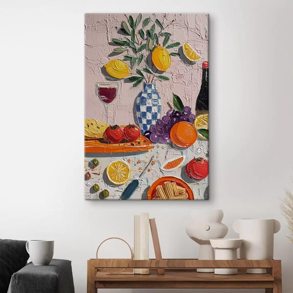Paveikslėlis Pastelinė natiurmortas: citrinos, vynuogės ir pomidorai, impasto s45876