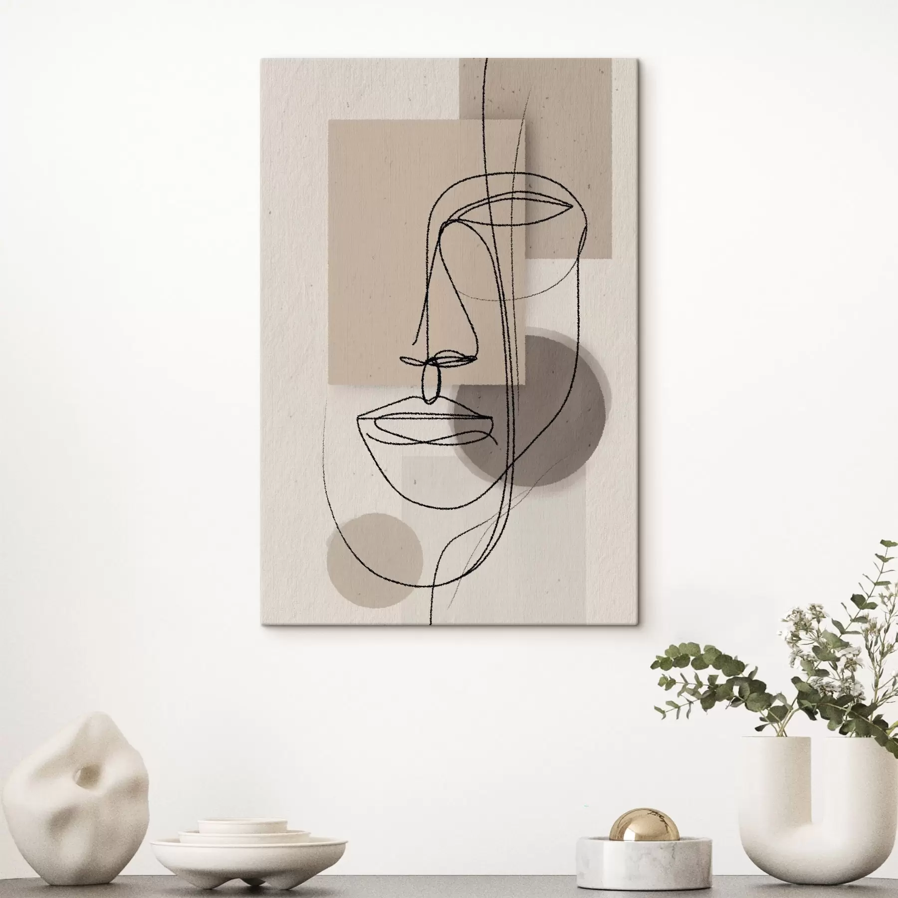 Paveikslėlis Linijinis portretas ant smėlio spalvos geometrinių figūrų s45886