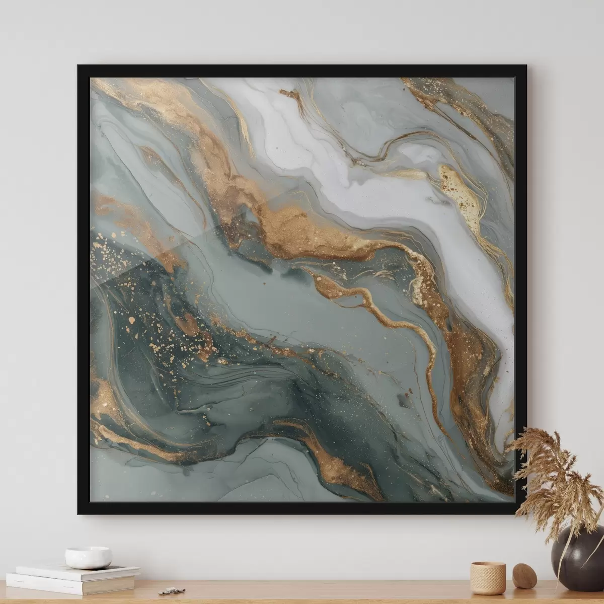 Plakatas Abstrakcija su tamsiai žaliomis ir pilkomis juostelėmis f45858