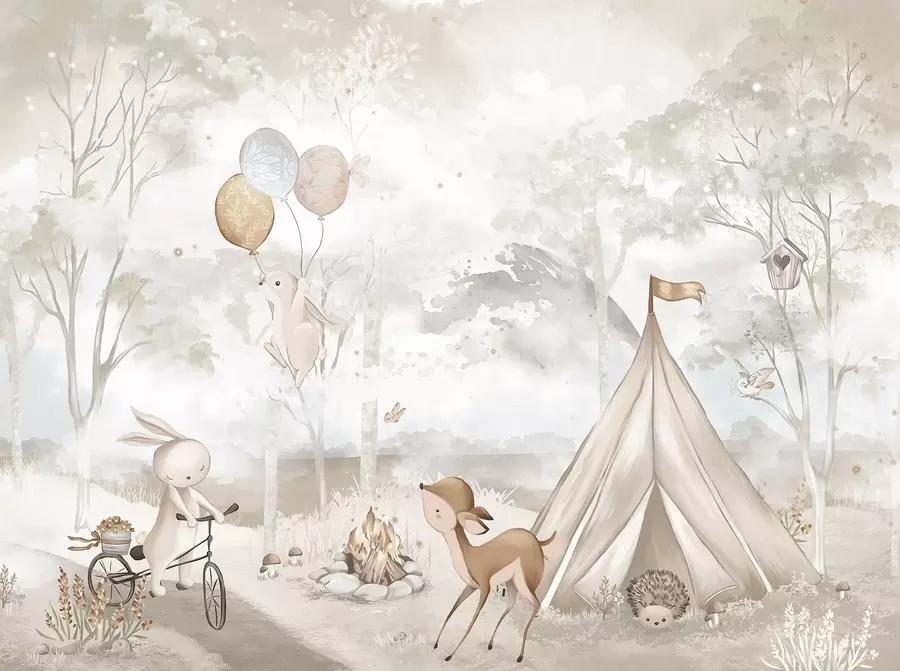 Fototapetai Vaikų stovykla šiltų smėlio atspalvių, palapinė ir miško gyvūnai w04671