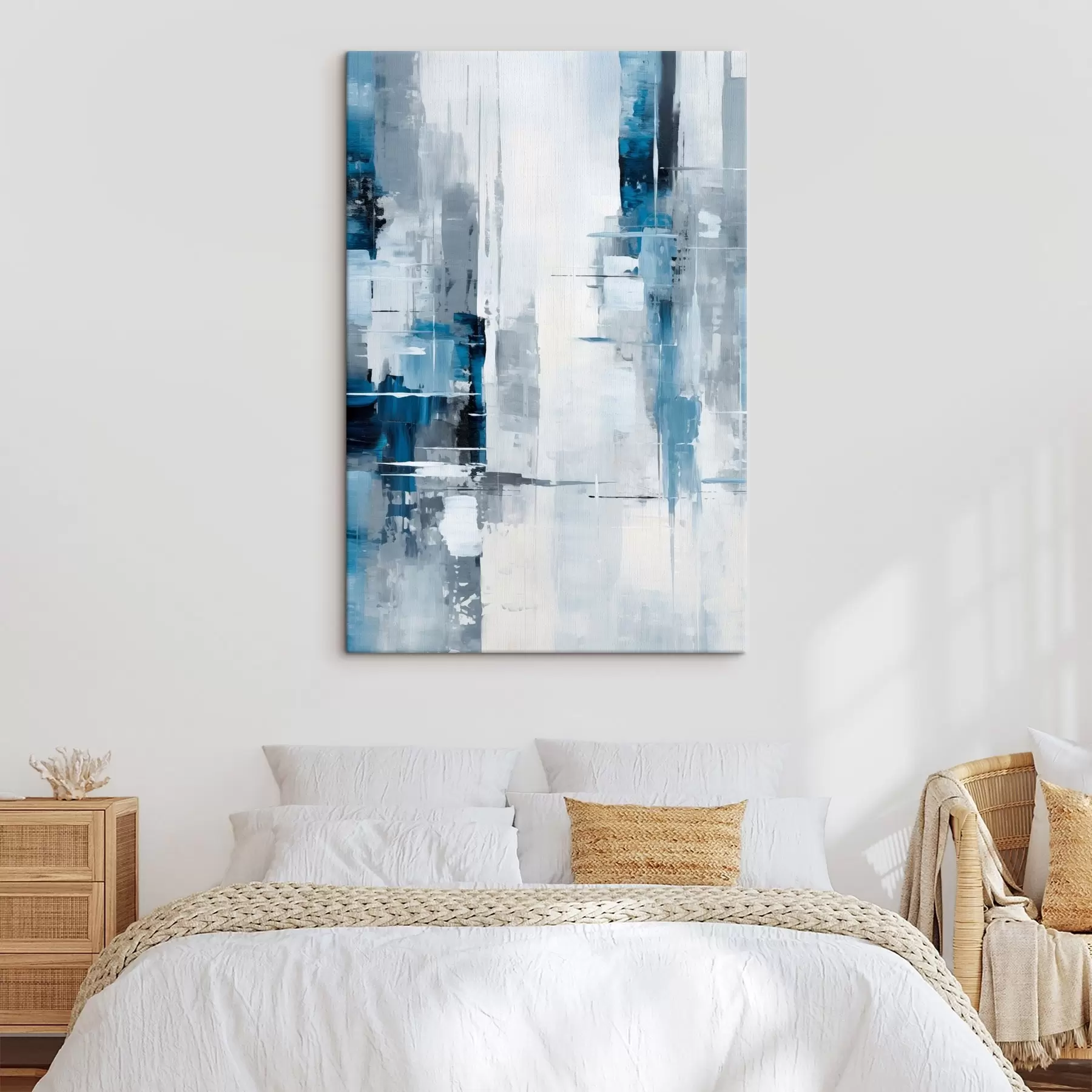 Paveikslėlis Abstraktaus tapybos imitacija mėlyna, pilka ir balta spalvomis, vertikaliomis linijomis ir geometrinėmis formomis s45926